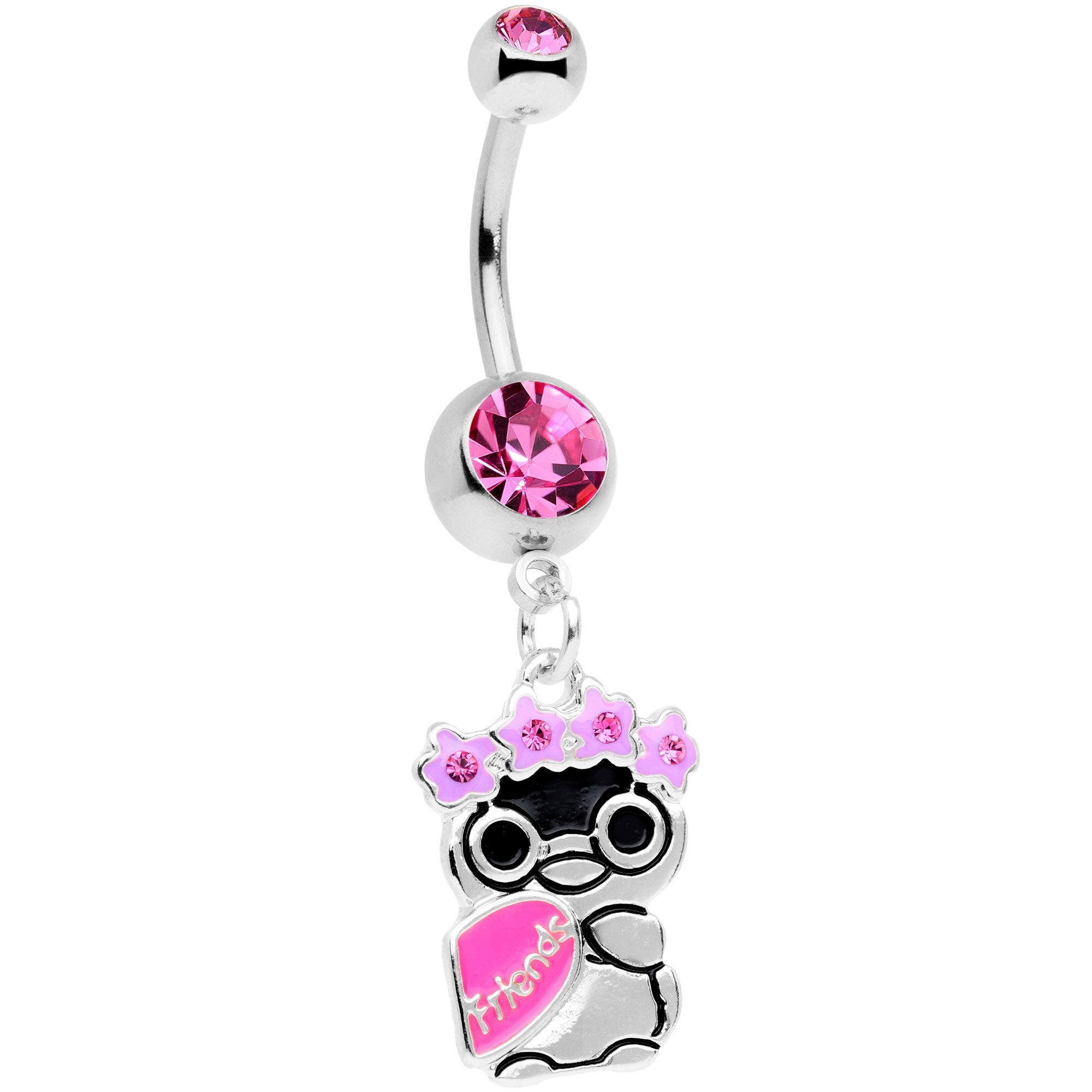 Pink Gem BFF Penguins Dangle Belly Ring Set