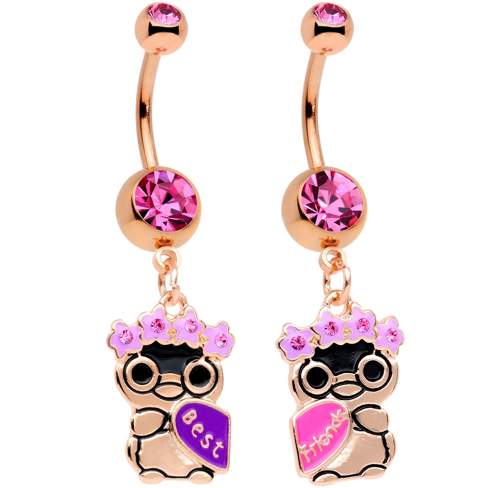 Pink Gem Rose Gold Tone Anodized BFF Penguins Dangle Belly Ring Set