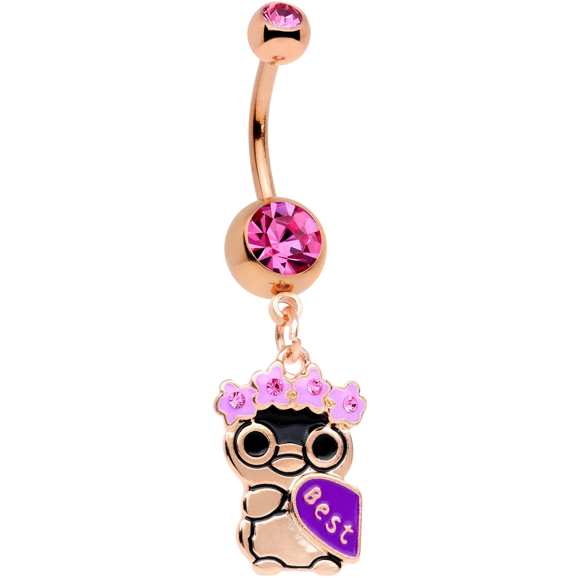 Pink Gem Rose Gold Tone Anodized BFF Penguins Dangle Belly Ring Set