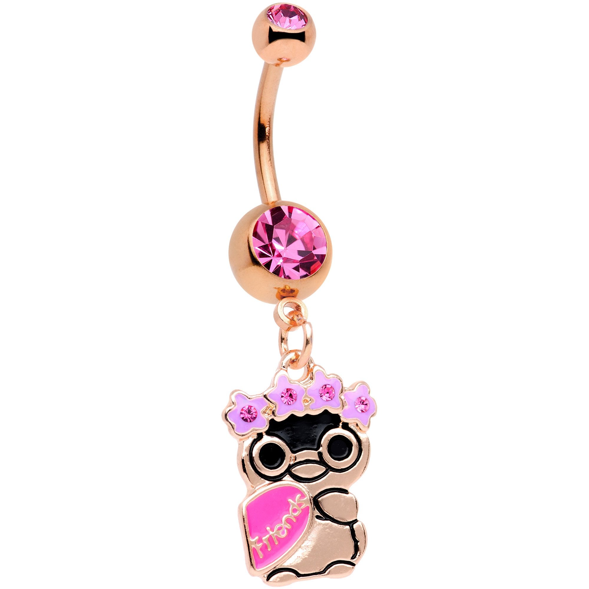 Pink Gem Rose Gold Tone Anodized BFF Penguins Dangle Belly Ring Set