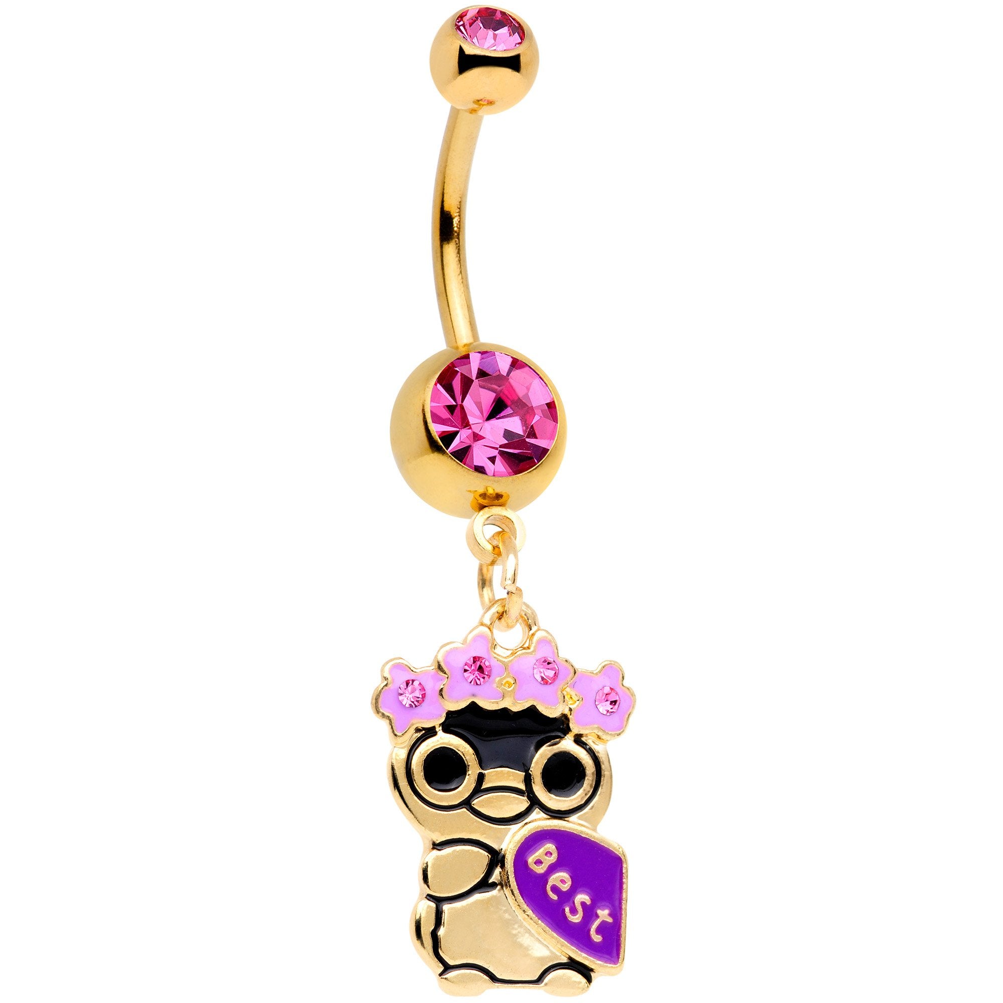 Pink Gem Gold Tone Anodized BFF Penguins Dangle Belly Ring Set