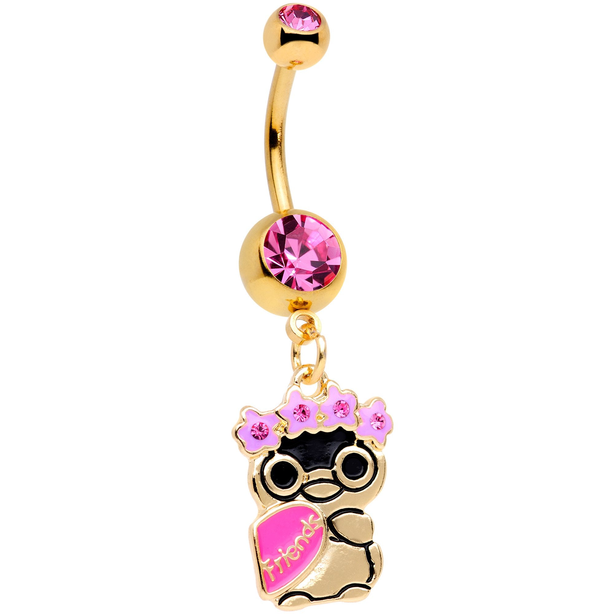 Pink Gem Gold Tone Anodized BFF Penguins Dangle Belly Ring Set