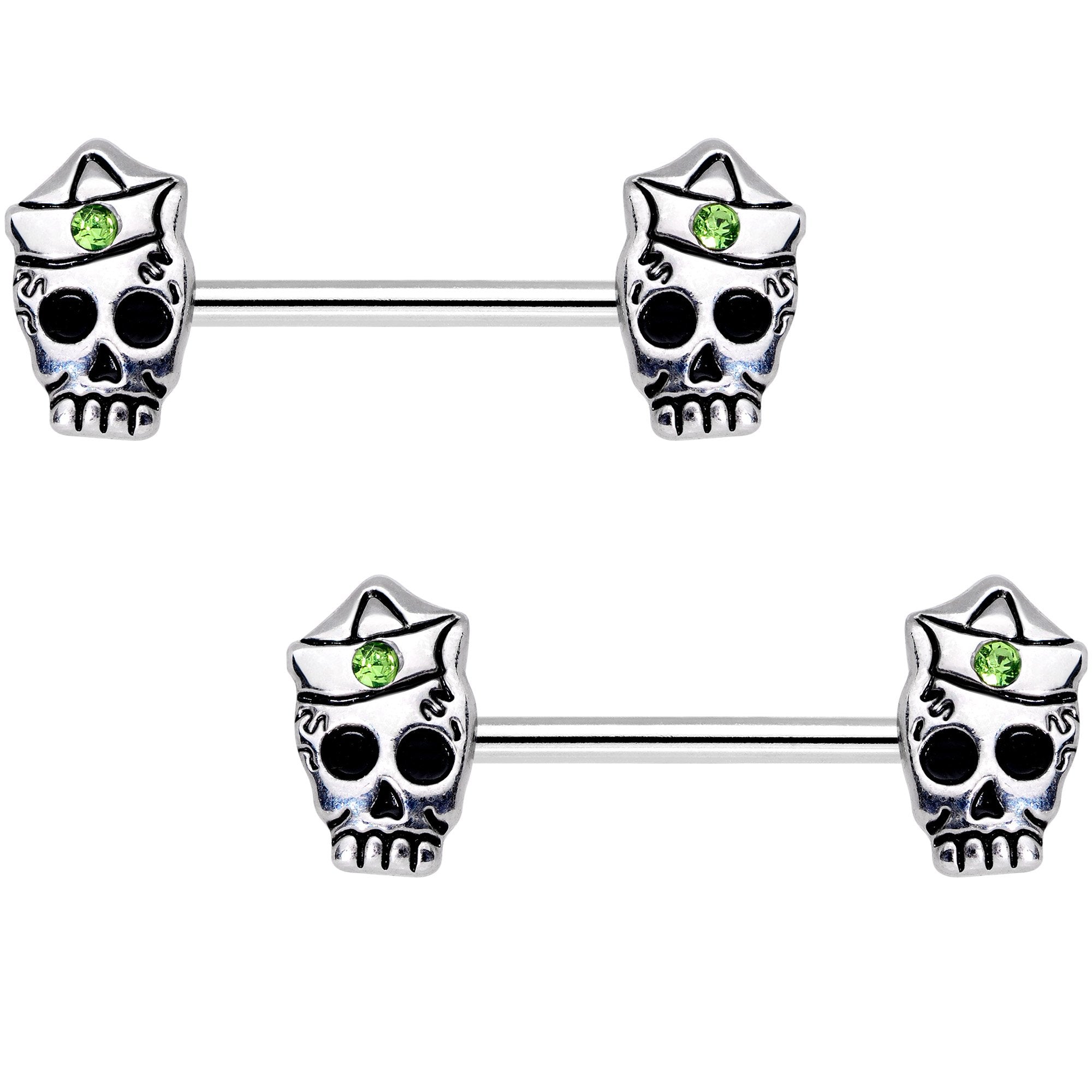 Green CZ Gem First Mate Skull Barbell Nipple Ring Set