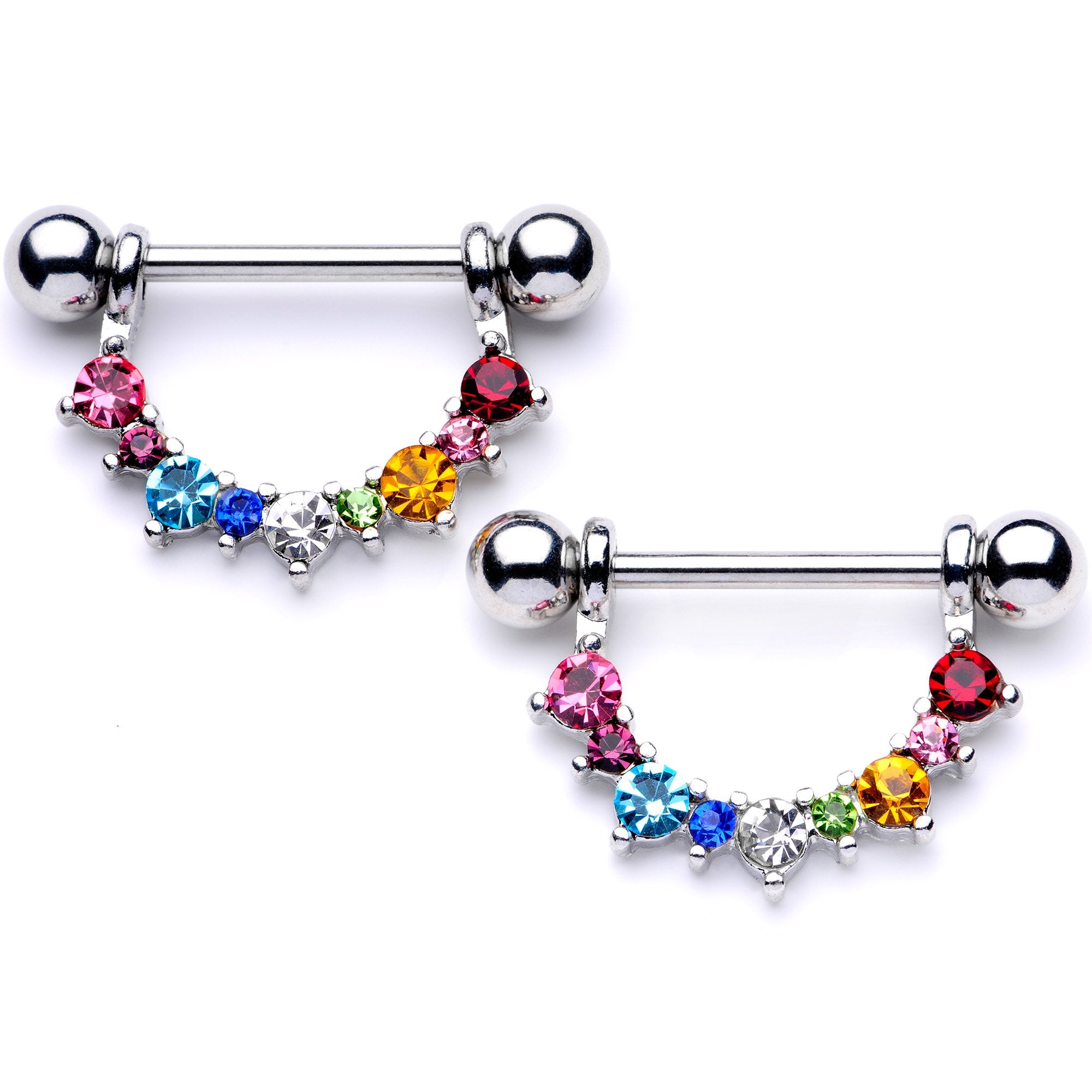 9/16 Rainbow Gem Arc Dangle Barbell Nipple Ring Set