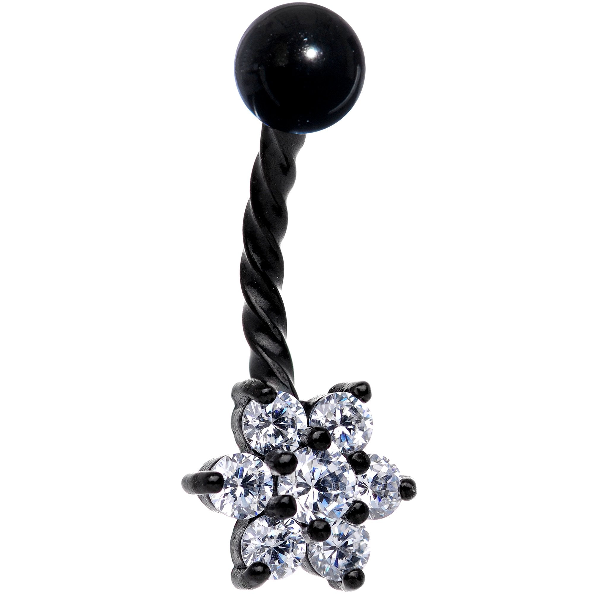 Clear CZ Gem Black IP Flower Seriously Twisted Belly Ring