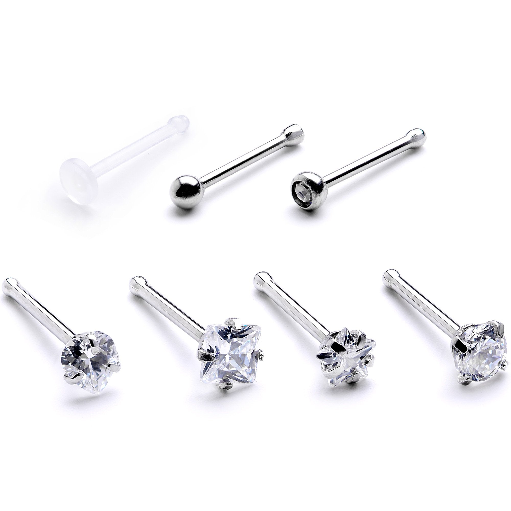 Clear CZ Gem Multi Shape 3mm Nose Bone 7 Pack Set