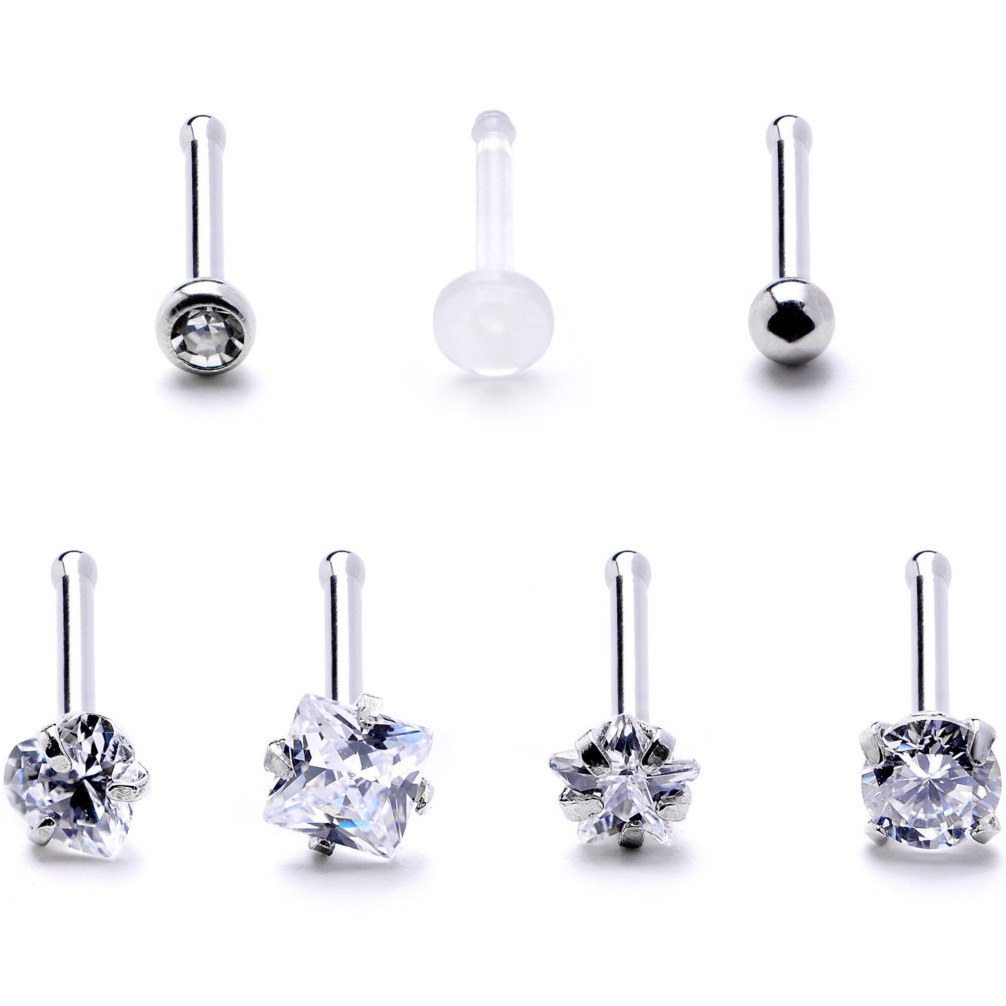 Clear CZ Gem Multi Shape 3mm Nose Bone 7 Pack Set