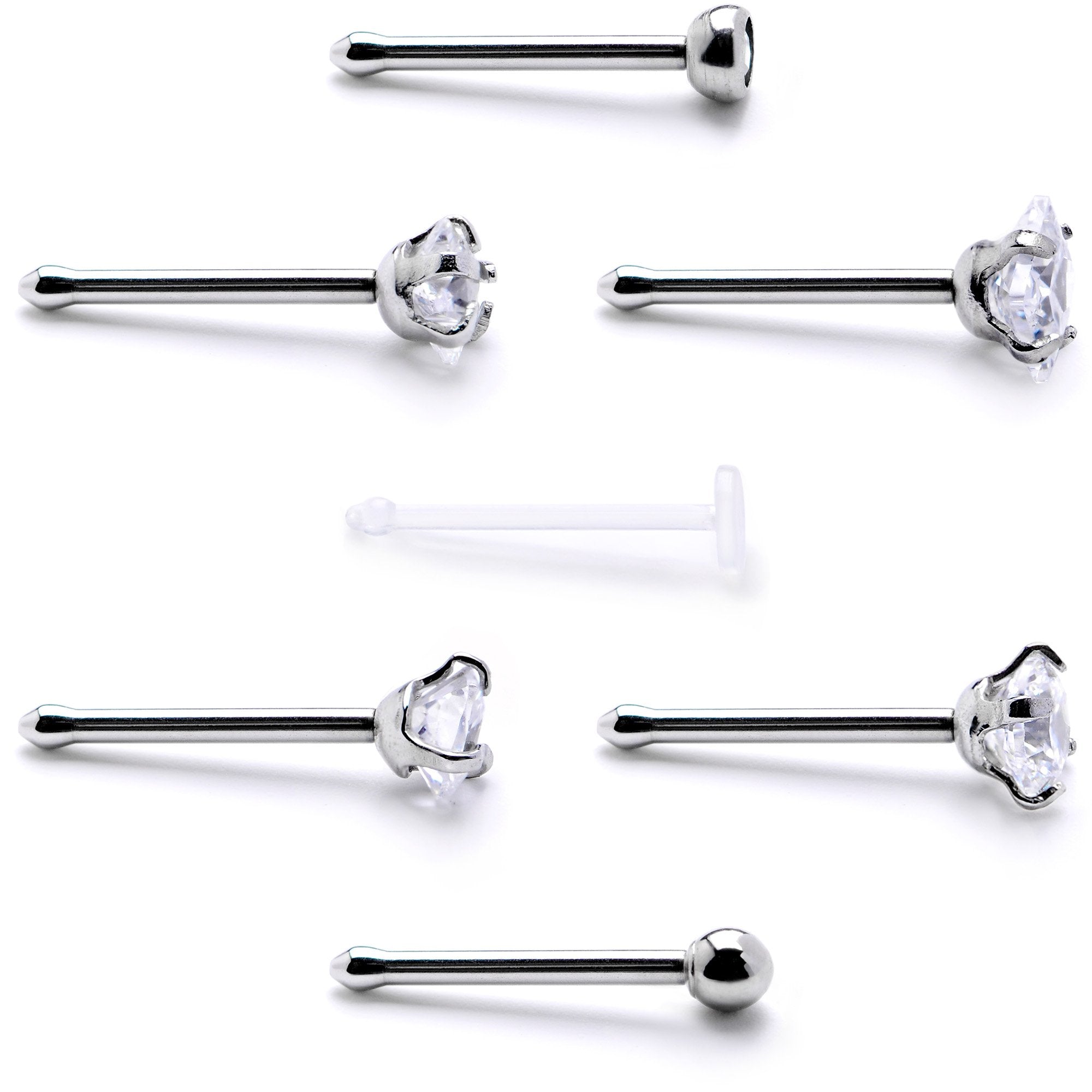 Clear CZ Gem Multi Shape 3mm Nose Bone 7 Pack Set