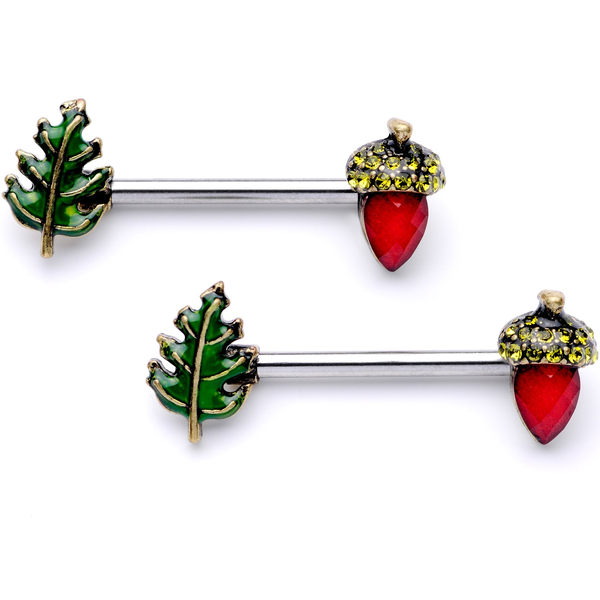 9/16 Red Yellow Gem Acorn Leaf Barbell Nipple Ring Set