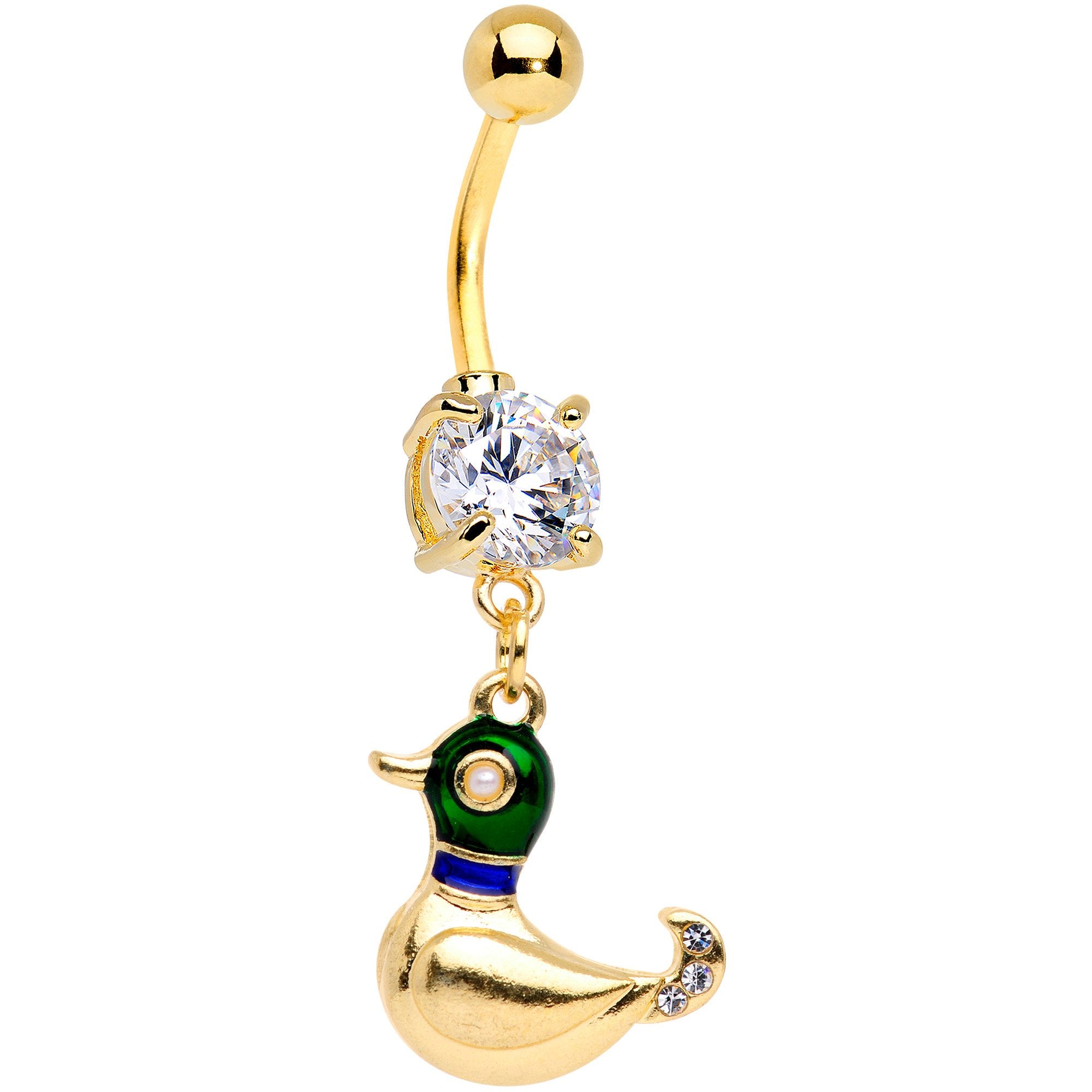 Clear Gem Gold PVD Quack Quack Duck Dangle Belly Ring