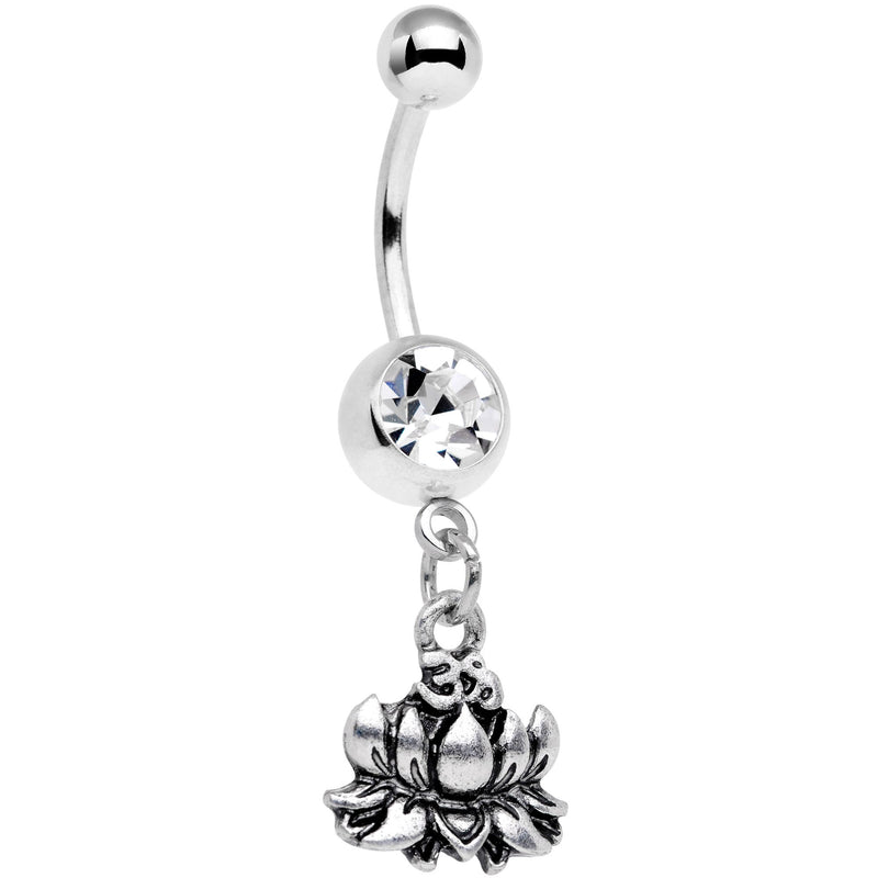 Clear Gem Solid Lotus Flower Dangle Belly Ring 8051