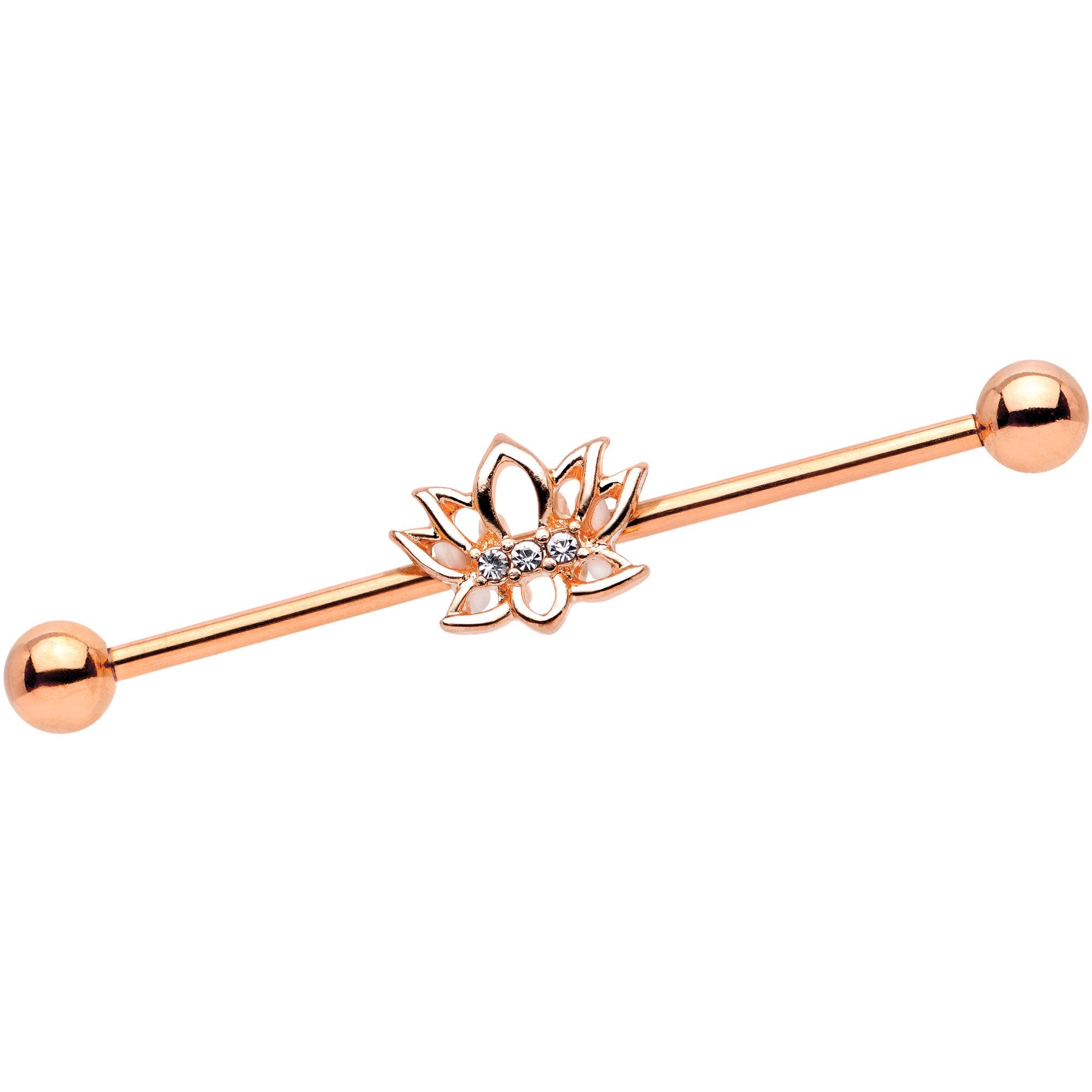 14 Gauge Clear Gem Rose Gold Tone Lotus Flower Industrial Barbell 38mm