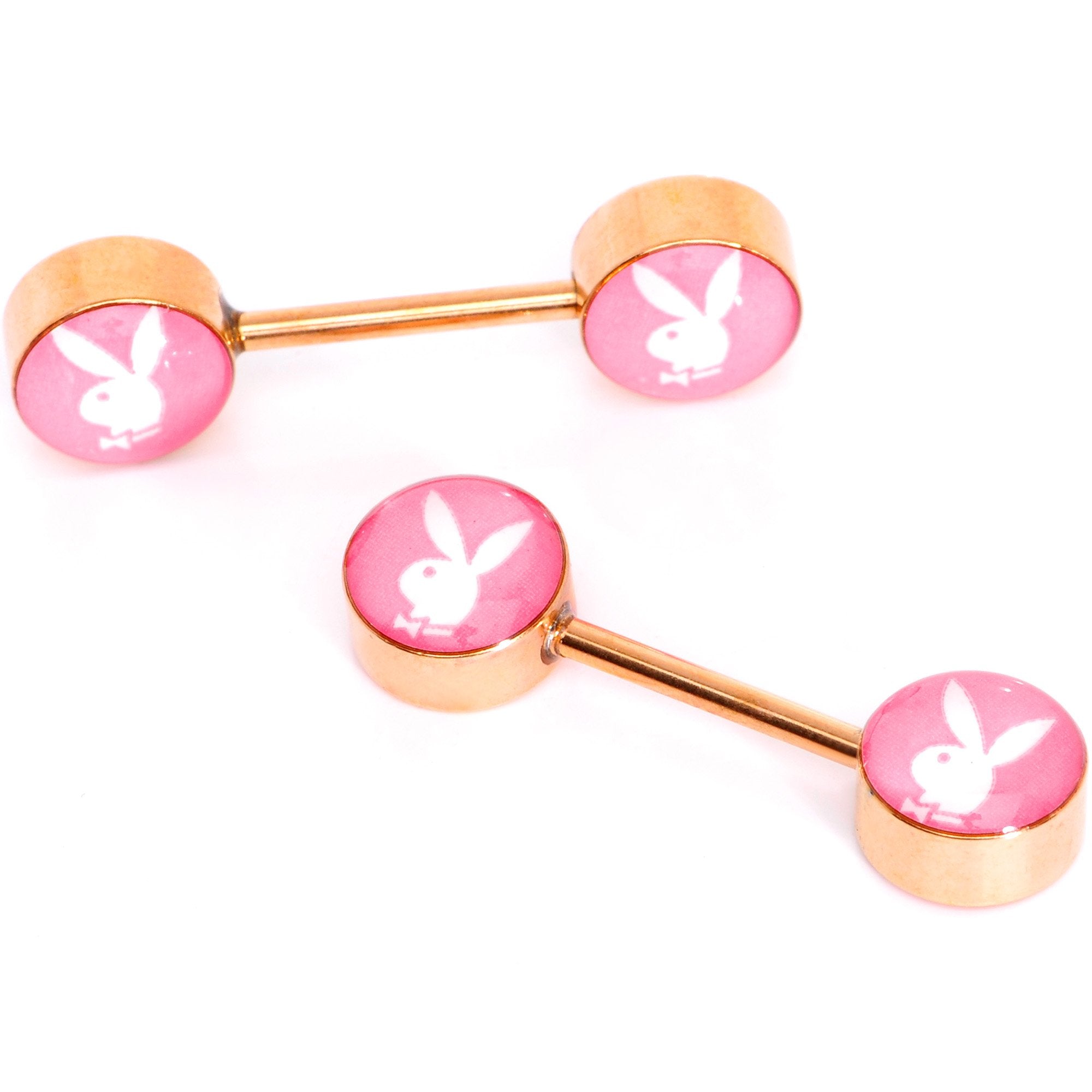 Licensed Pink White Playboy Bunny Gold Tone Barbell Nipple Ring Set