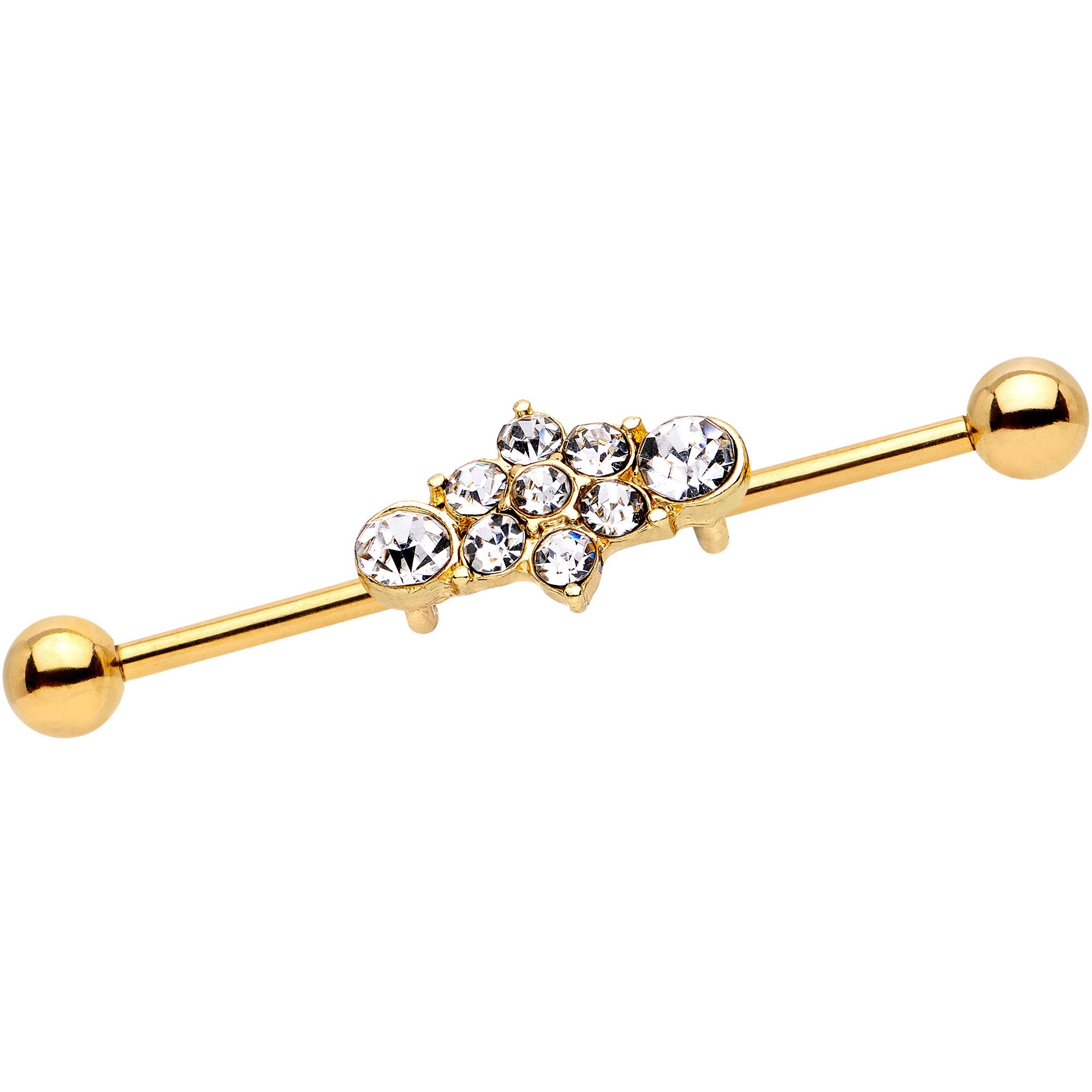 14 Gauge Clear Gem Gold IP Floral Cluster Industrial Barbell 38mm