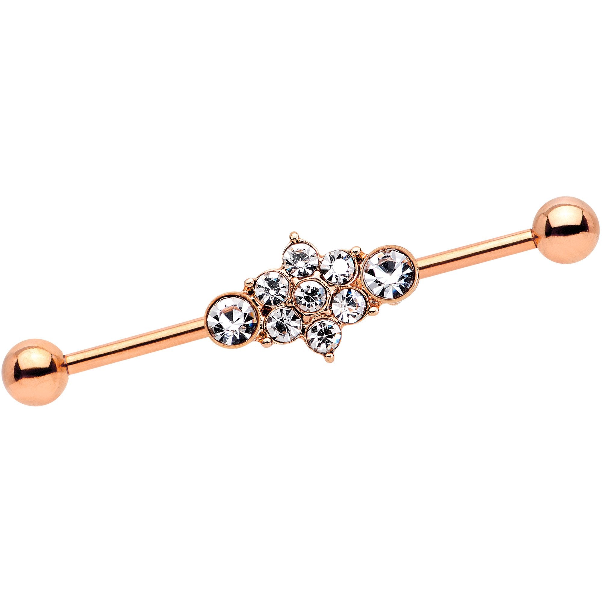 14 Gauge Clear Gem Rose Gold IP Floral Cluster Industrial Barbell 38mm