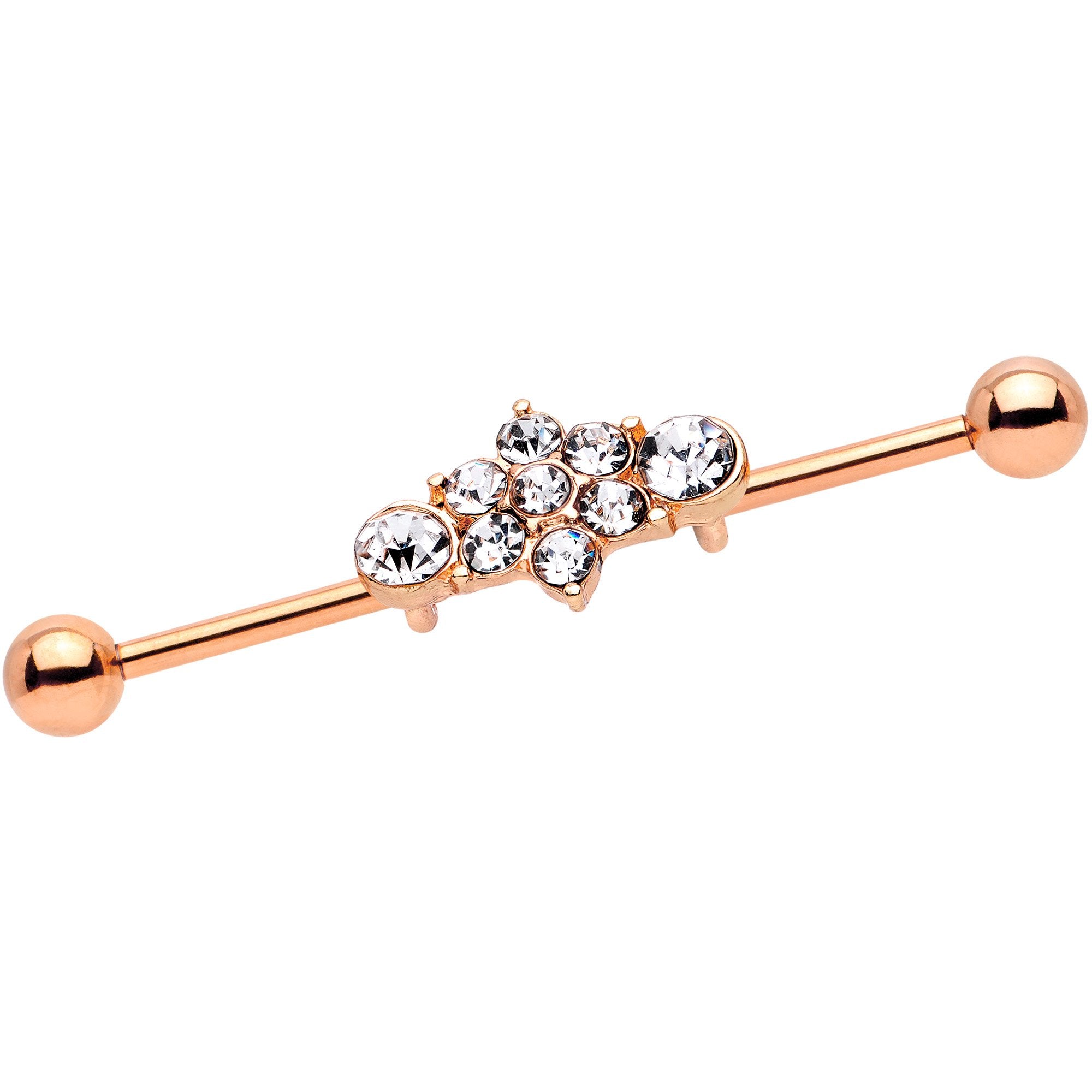 14 Gauge Clear Gem Rose Gold IP Floral Cluster Industrial Barbell 38mm