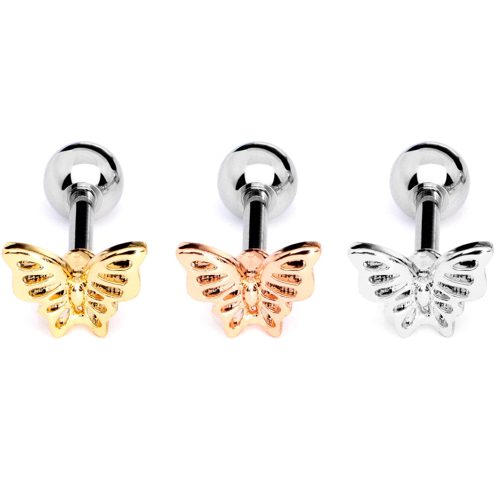 16 Gauge 1/4 Blush Butterfly Cartilage Tragus Earring Set of 3