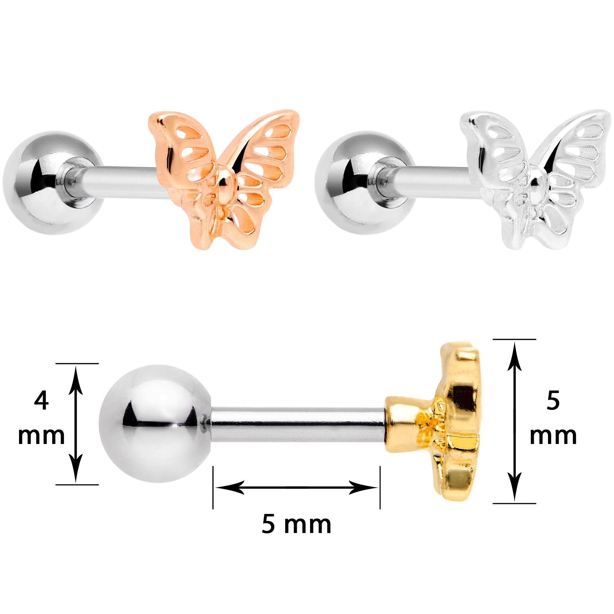 16 Gauge 1/4 Blush Butterfly Cartilage Tragus Earring Set of 3