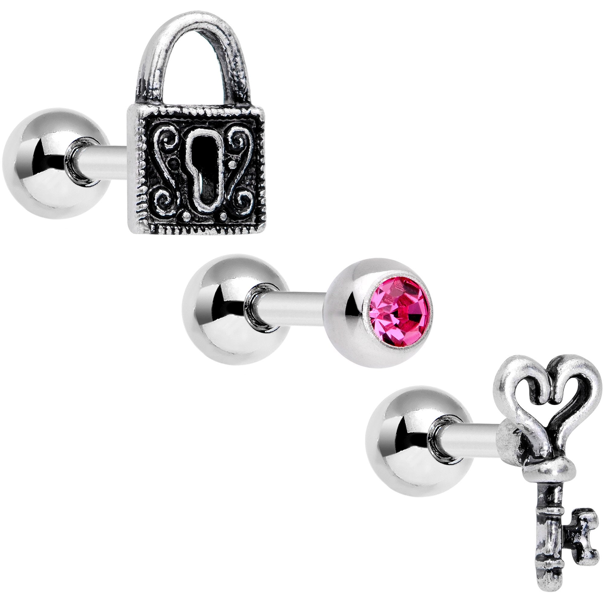 16 Gauge 1/4 Pink Gem Lock and Key Cartilage Tragus Earring Set of 3