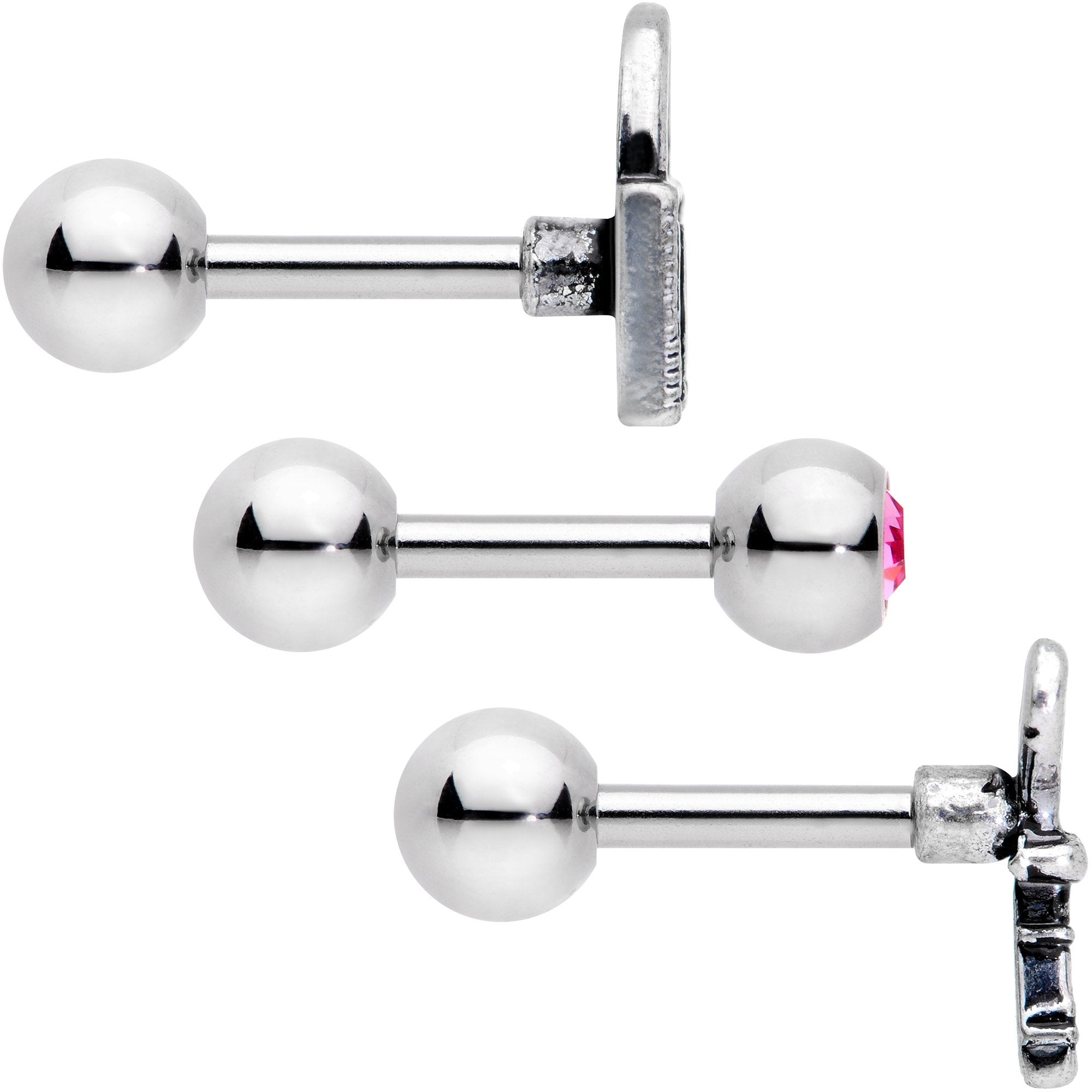 16 Gauge 1/4 Pink Gem Lock and Key Cartilage Tragus Earring Set of 3