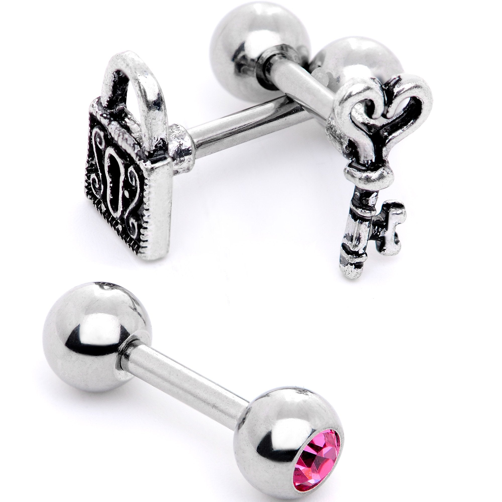 16 Gauge 1/4 Pink Gem Lock and Key Cartilage Tragus Earring Set of 3