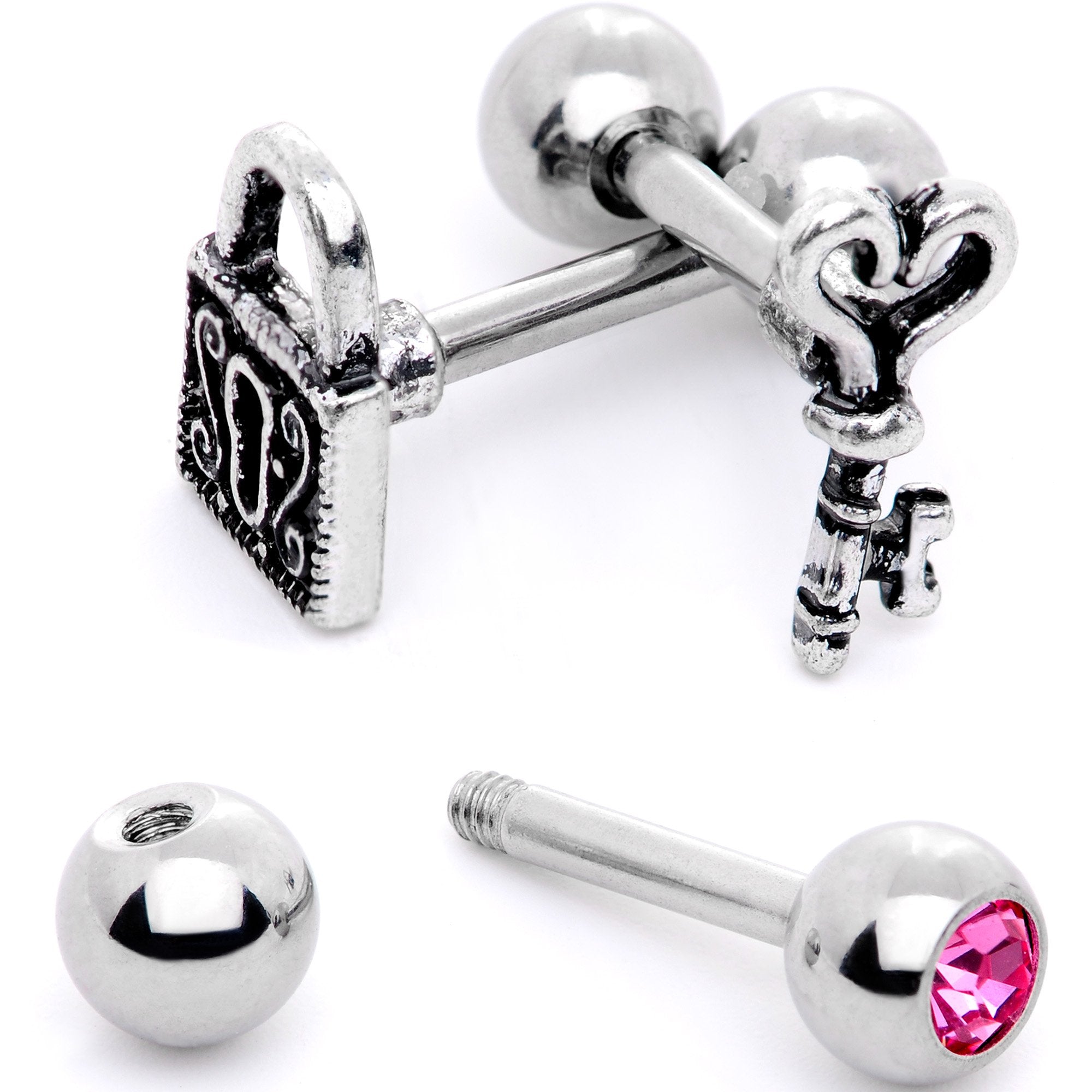 16 Gauge 1/4 Pink Gem Lock and Key Cartilage Tragus Earring Set of 3