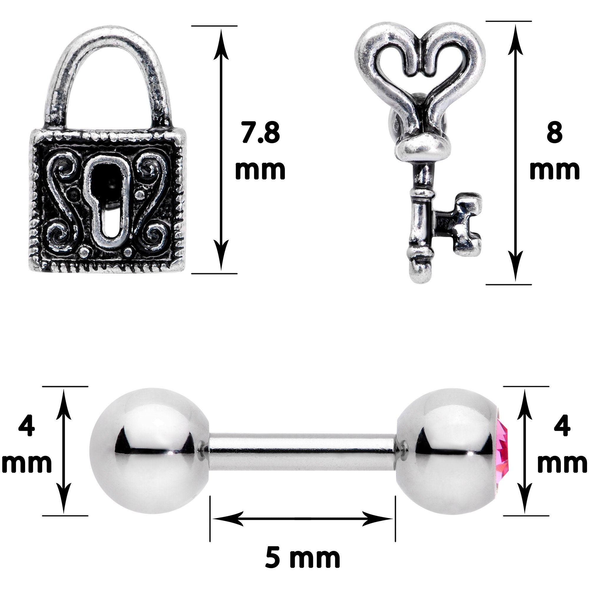 16 Gauge 1/4 Pink Gem Lock and Key Cartilage Tragus Earring Set of 3