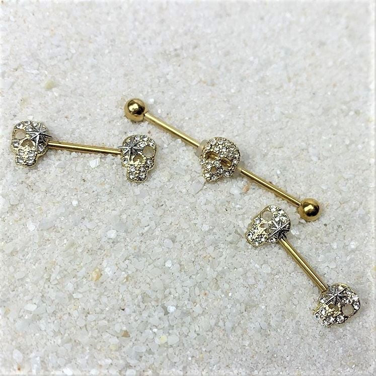 14 Gauge 9/16 Clear Gem Gold Tone Star Skull Barbell Nipple Ring Set