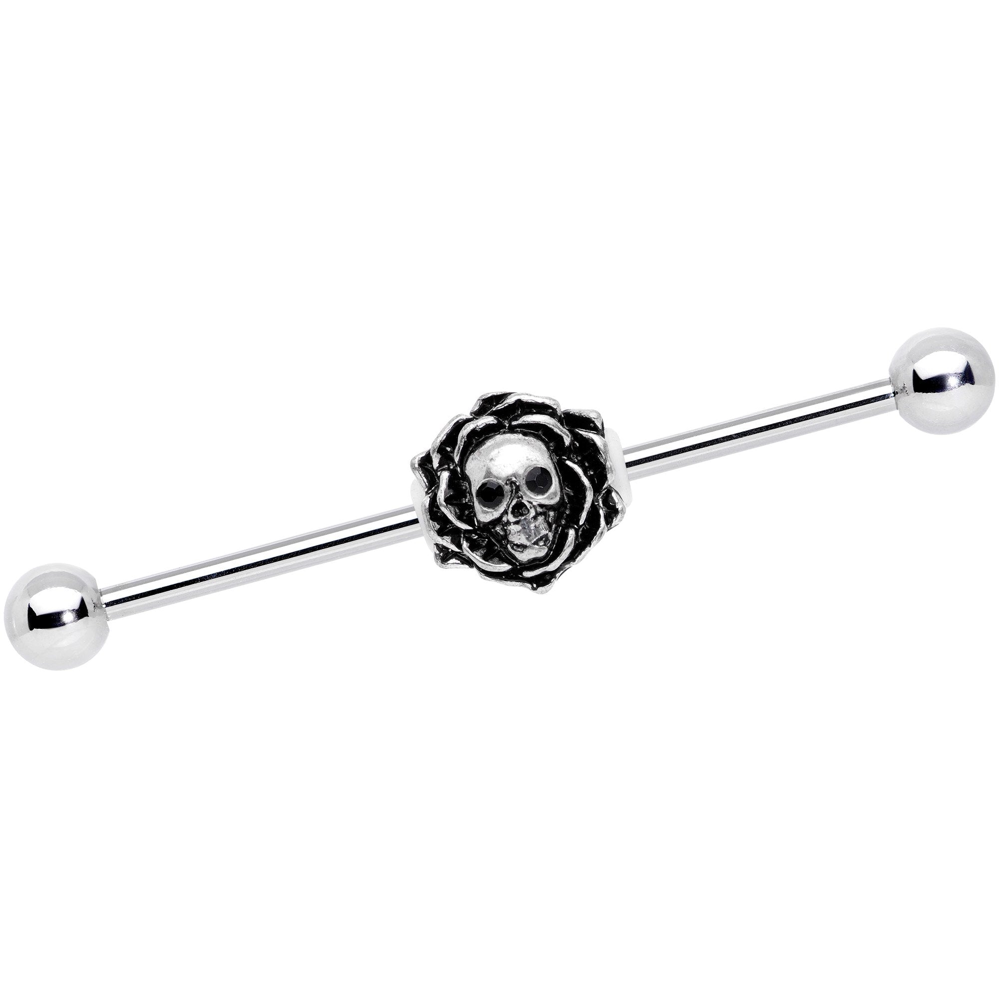 14 Gauge Halloween Rose Flower Skull Charm Straight Industrial Barbell 38mm