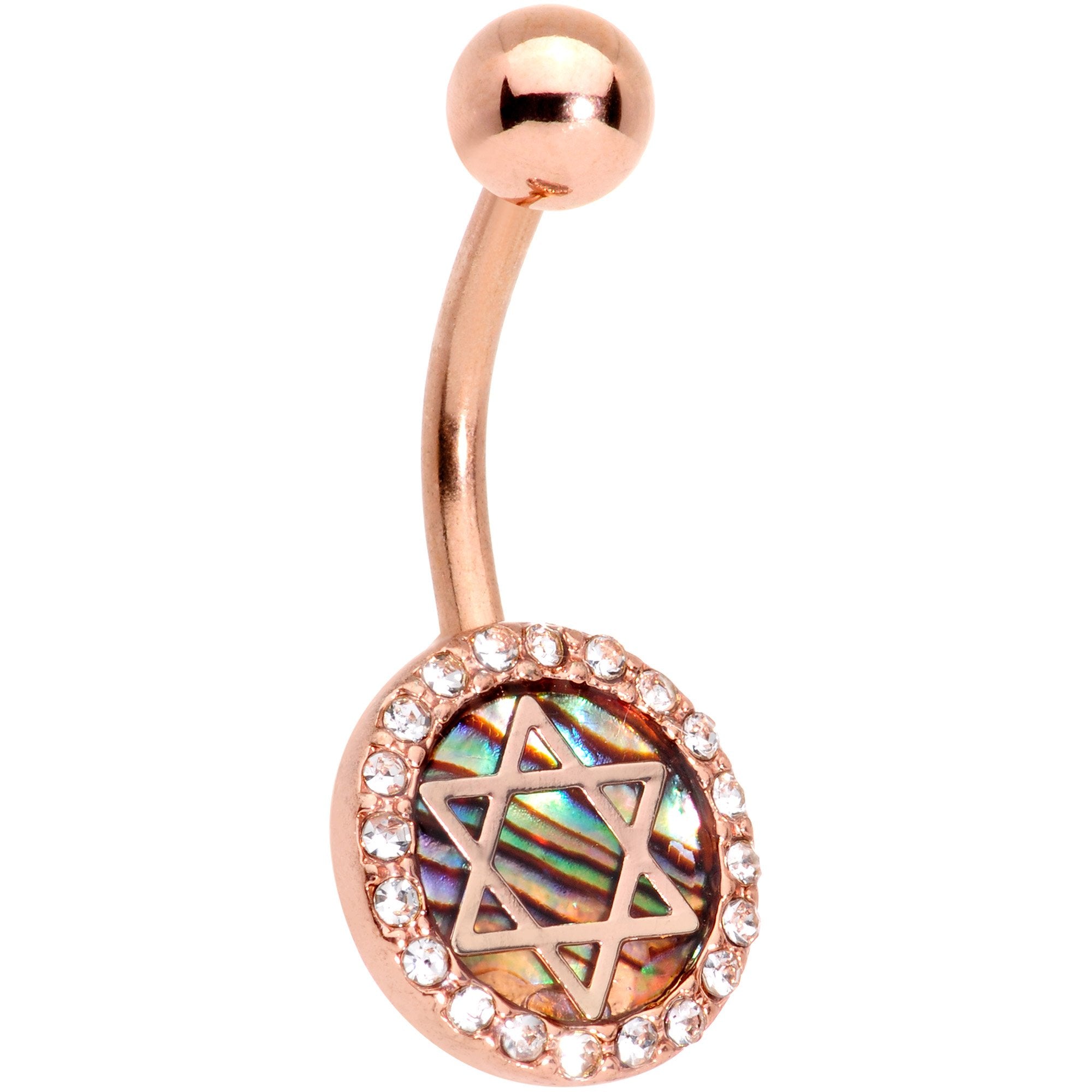 Clear Gem Rose Gold Tone Iridescent Inlay Star of David Belly Ring