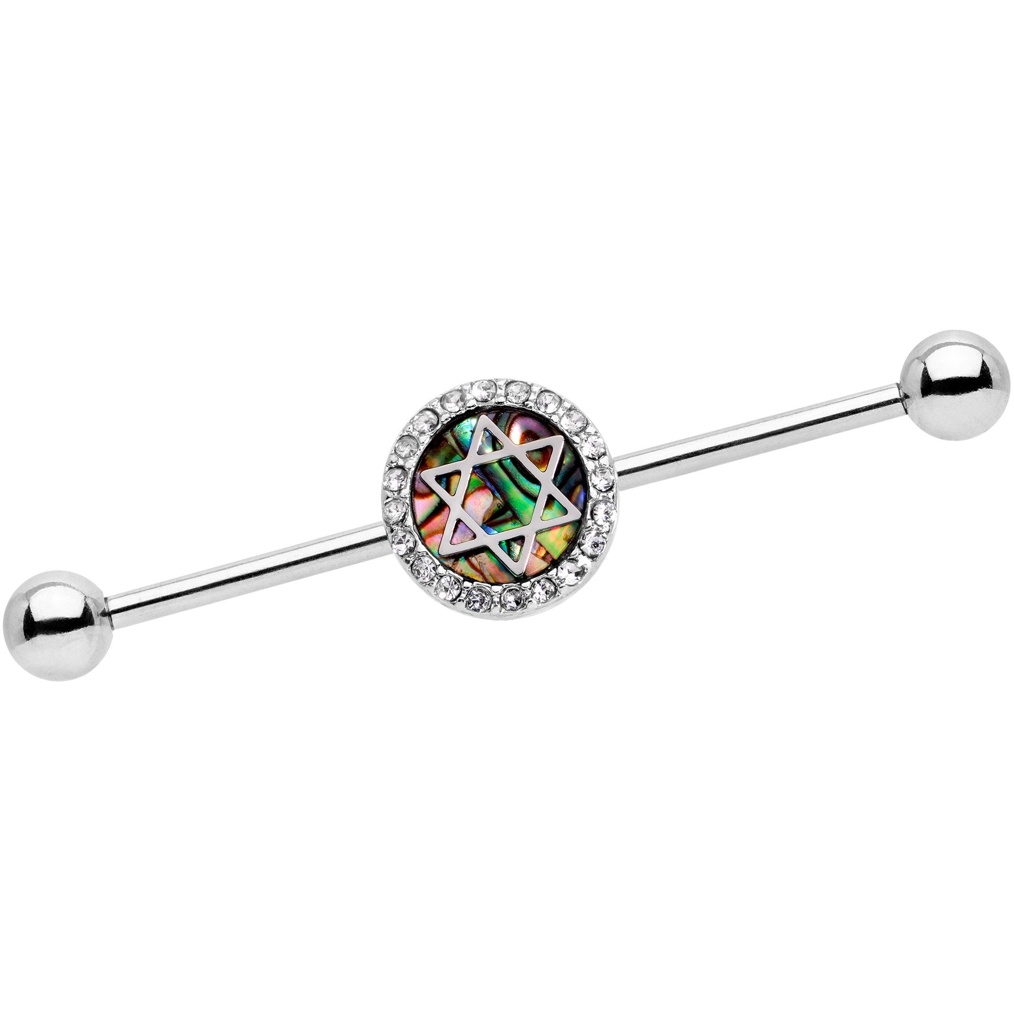 Clear Gem Inlay Star of David Straight Industrial Barbell 38mm