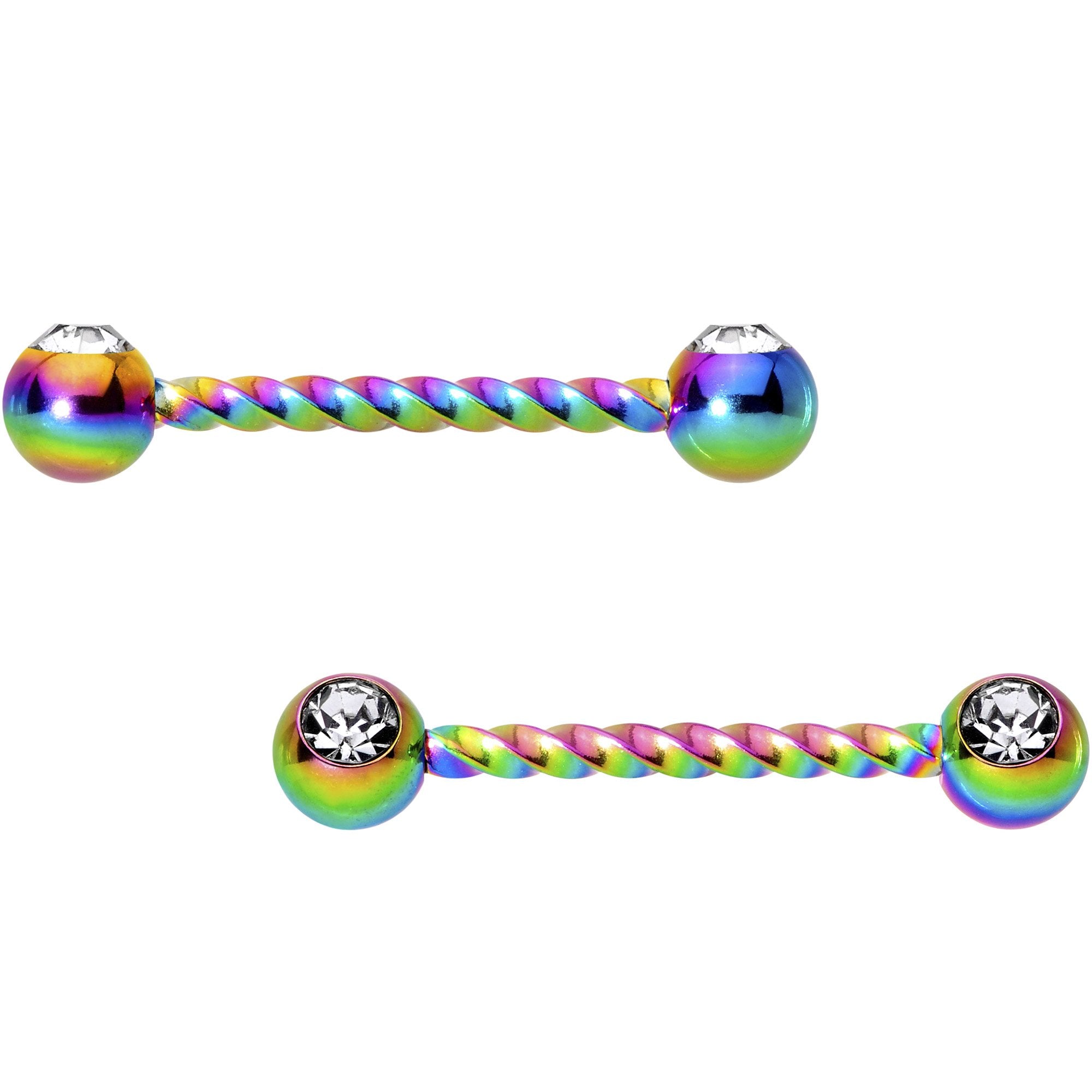 14 Gauge 5/8 Clear Gem Rainbow Twisted Barbell Nipple Ring Set