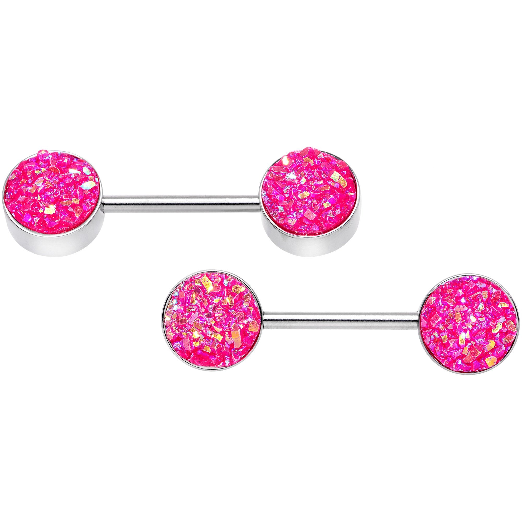 14 Gauge 9/16 Pink Synthetic Druzy Powerful Barbell Nipple Ring Set