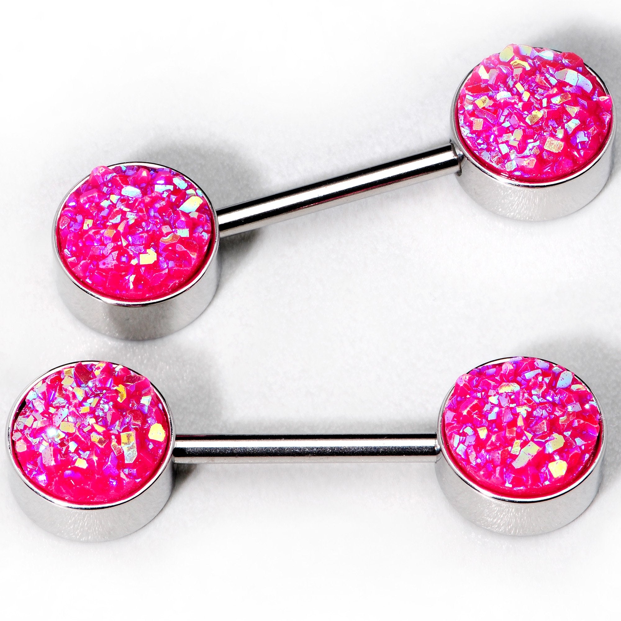 14 Gauge 9/16 Pink Synthetic Druzy Powerful Barbell Nipple Ring Set