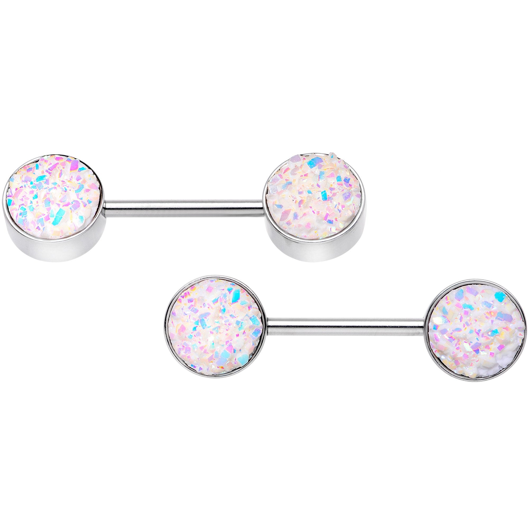 14 Gauge 9/16 White And Multi Synthetic Druzy Barbell Nipple Ring Set