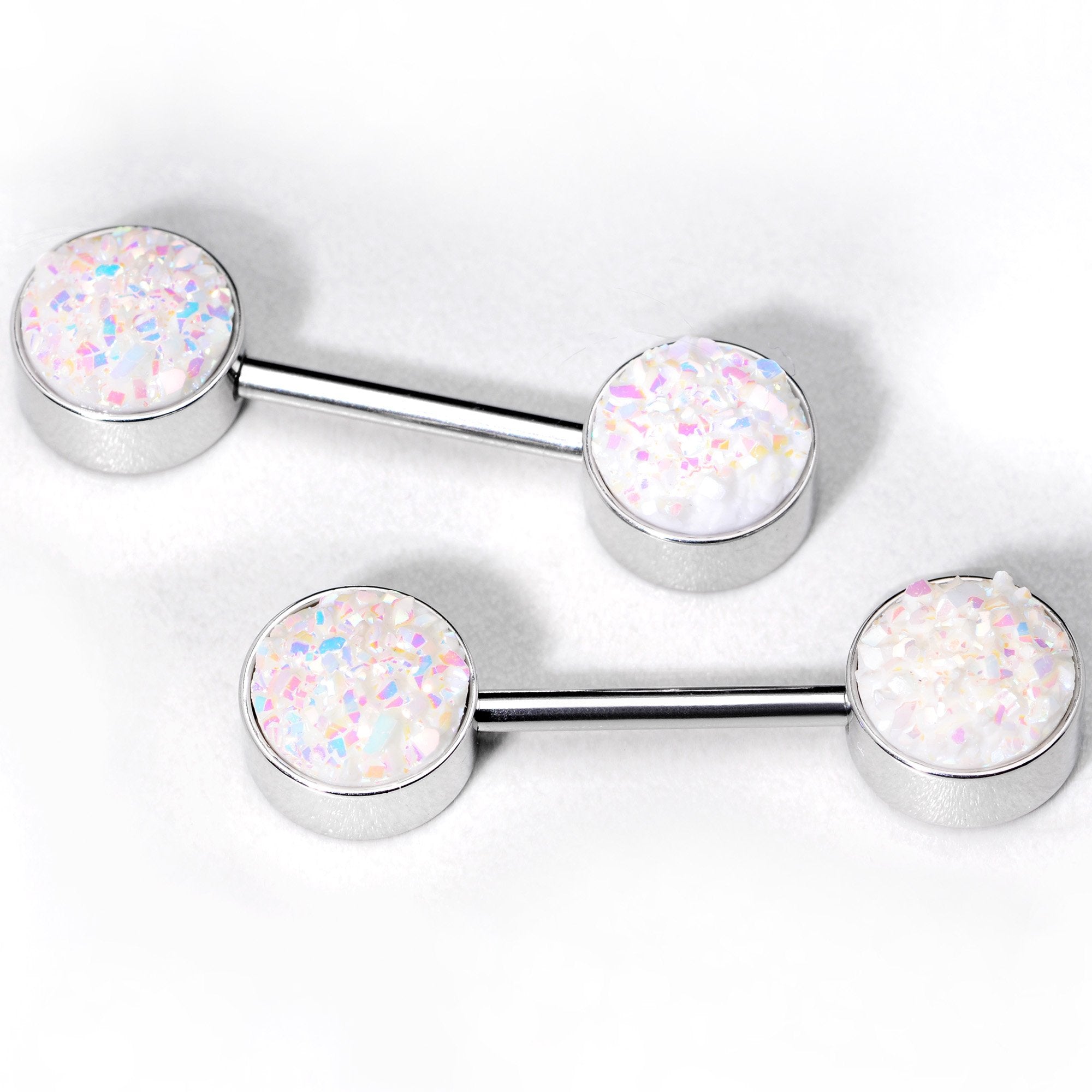 14 Gauge 9/16 White And Multi Synthetic Druzy Barbell Nipple Ring Set