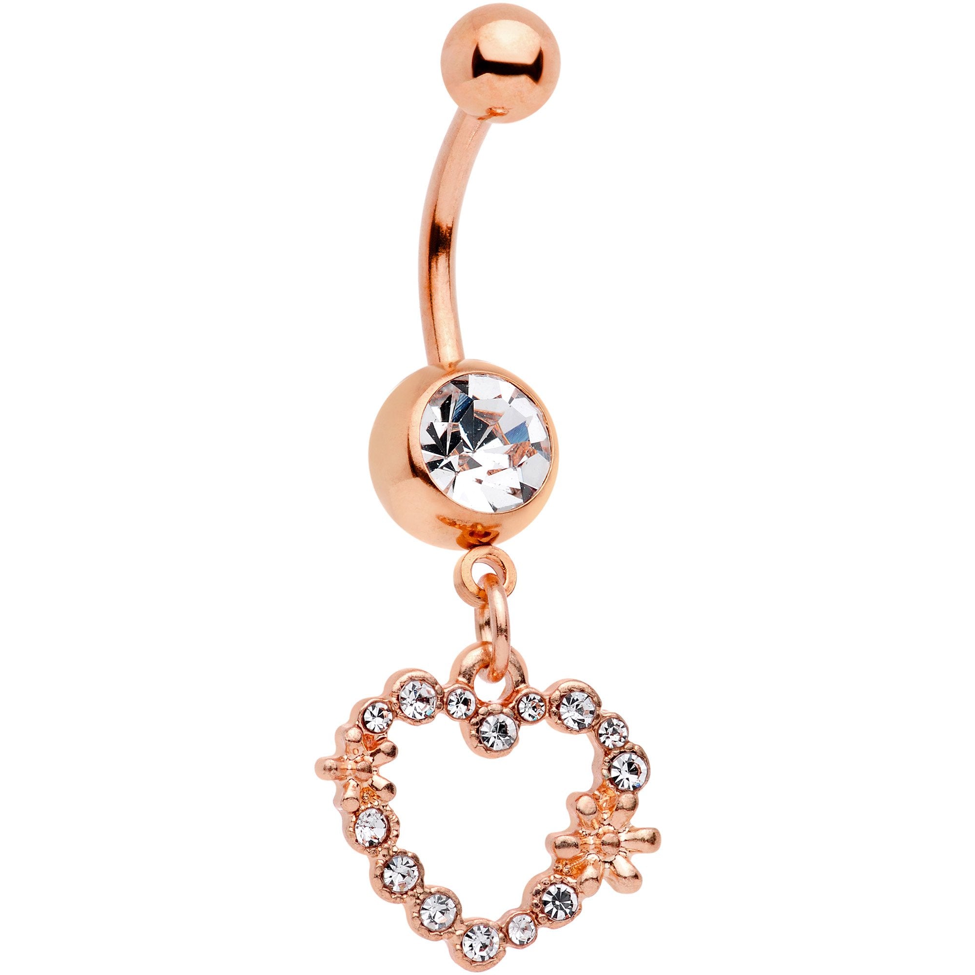 14 Gauge 7/16 Clear Gem Rose Gold Tone Heart Dangle Belly Ring