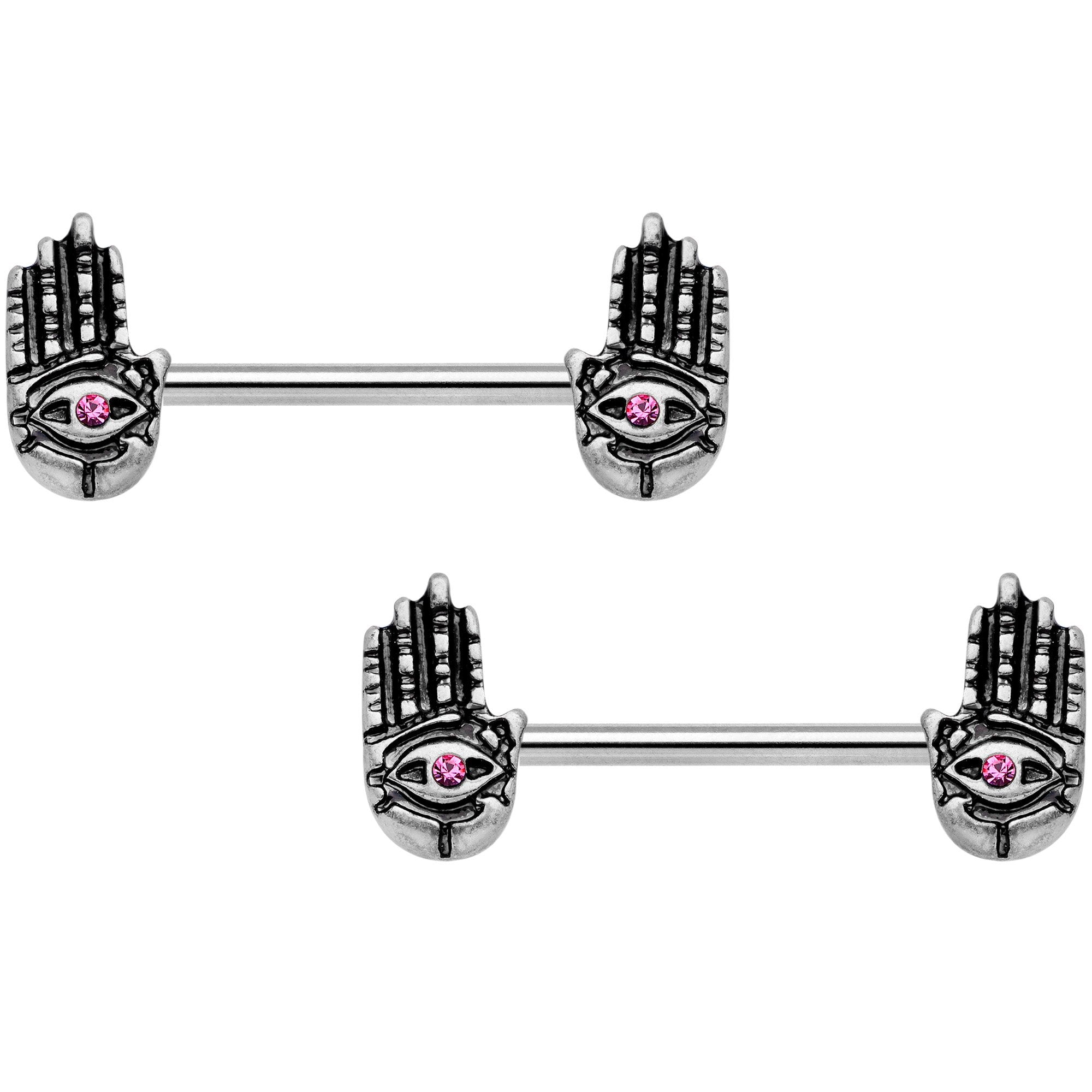 14 Gauge 9/16 Pink Gem Hamsa Hand Barbell Nipple Ring Set