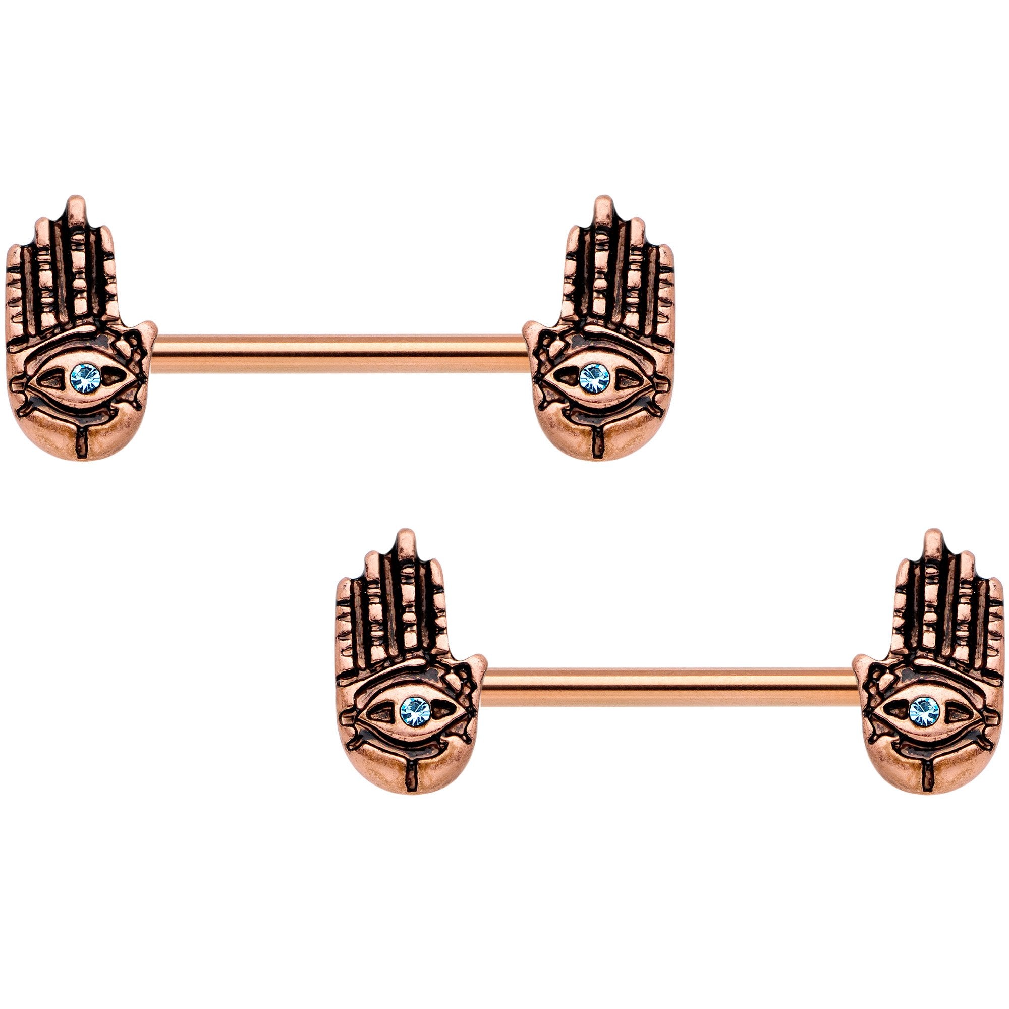 9/16 Aqua Gem Rose Gold Tone Hamsa Hand Barbell Nipple Ring Set