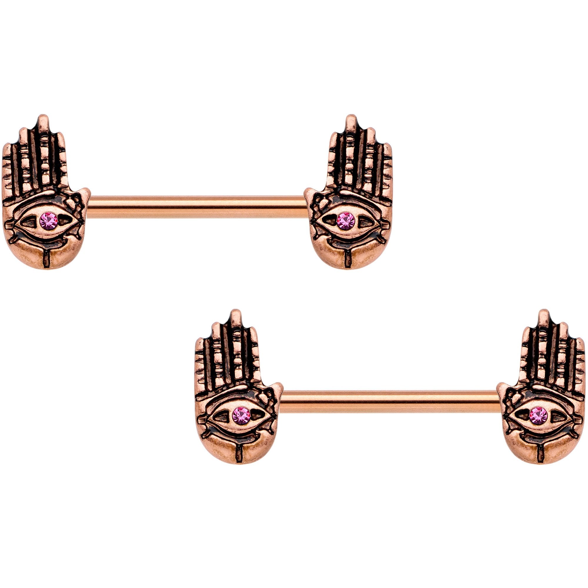 9/16 Pink Gem Rose Gold Tone Hamsa Hand Barbell Nipple Ring Set