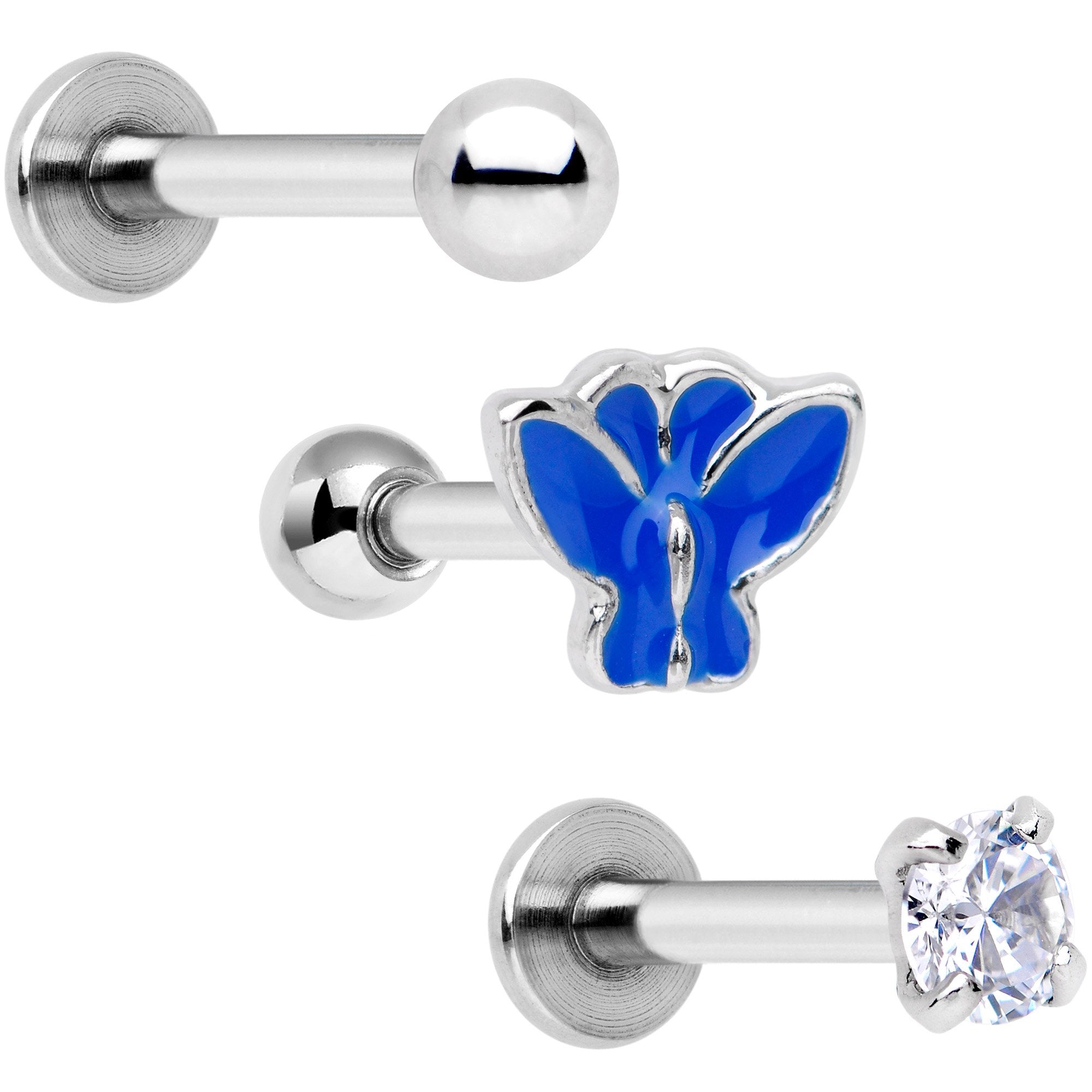 16 Gauge 1/4 Clear Gem Butterfly Cartilage Tragus Earring Set of 3