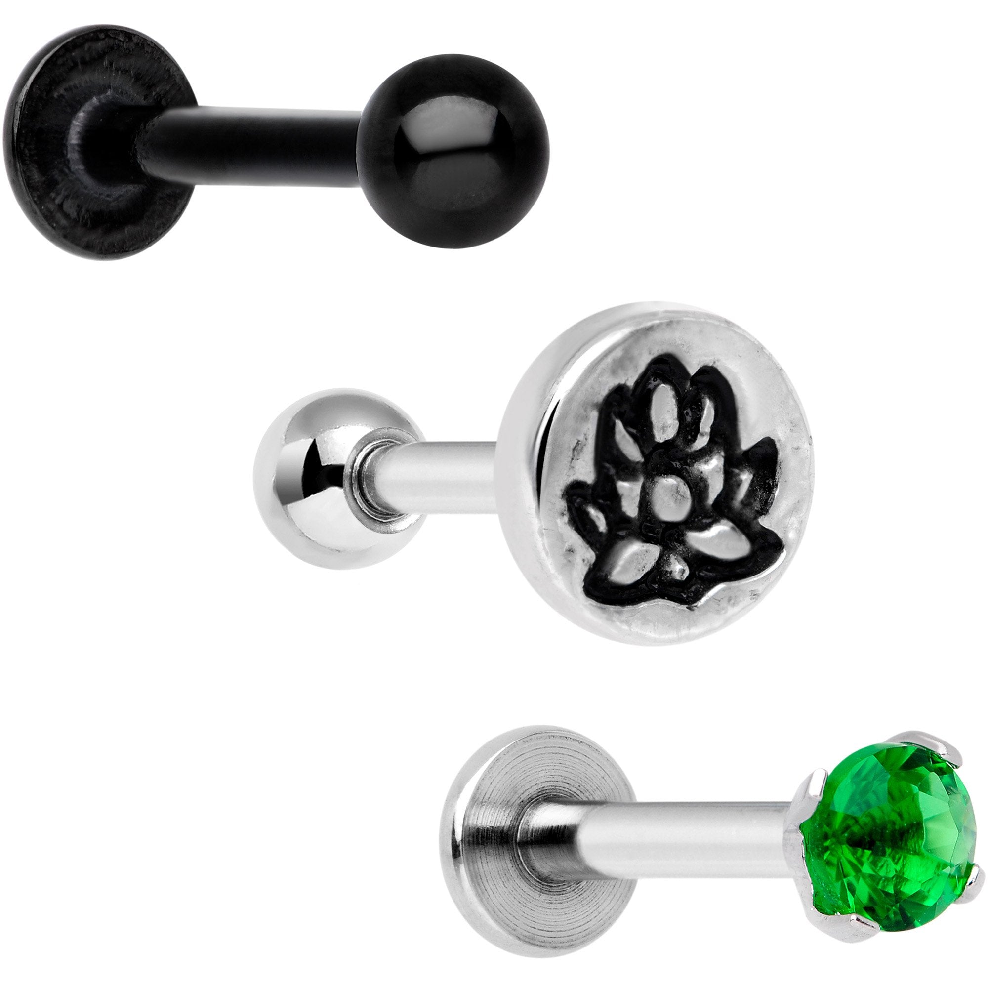 16 Gauge 1/4 Green Gem Lotus Flower Cartilage Tragus Earring Set of 3