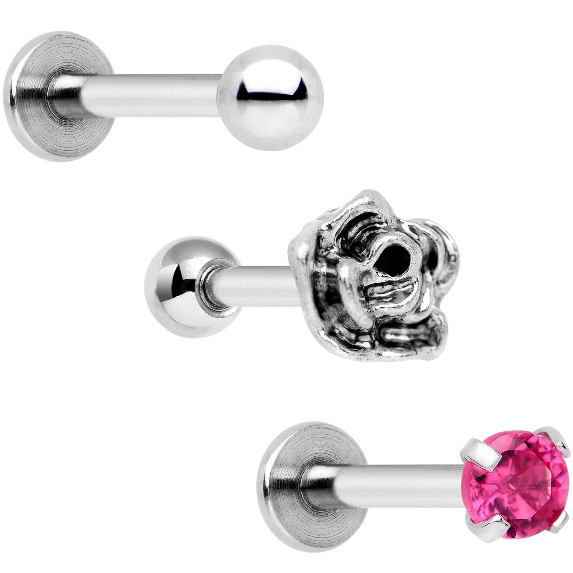 16 Gauge 1/4 Pink Gem Rose Flower Cartilage Tragus Earring Set of 3