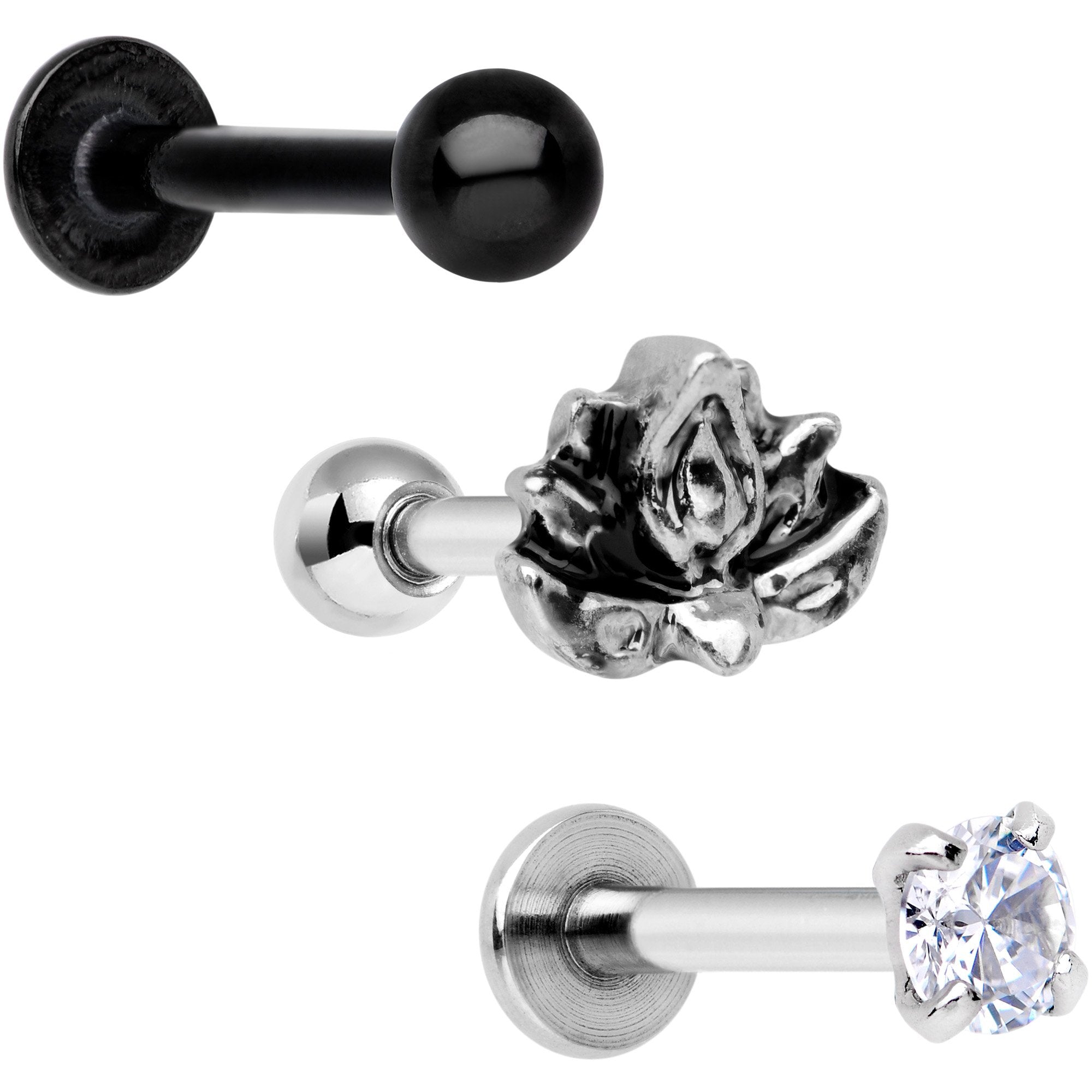 16 Gauge 1/4 Clear Gem Lotus Flower Black Cartilage Tragus Earring Set of 3