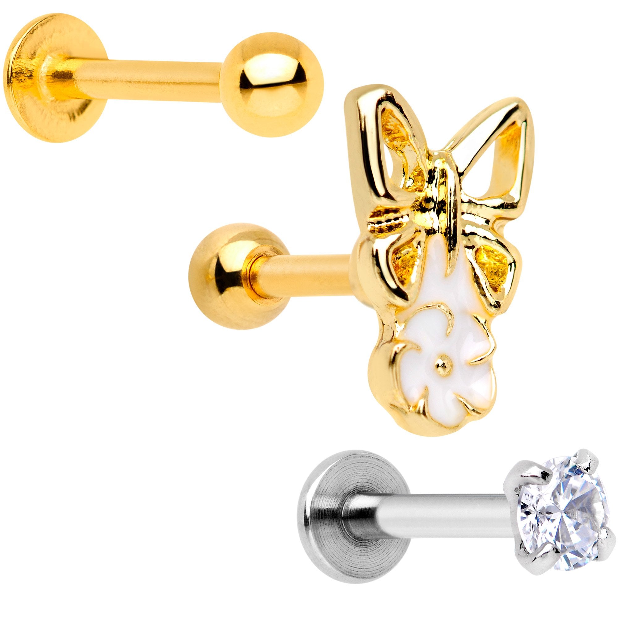 16 Gauge 1/4 Clear Gem Gold Tone Butterfly Cartilage Tragus Set of 3