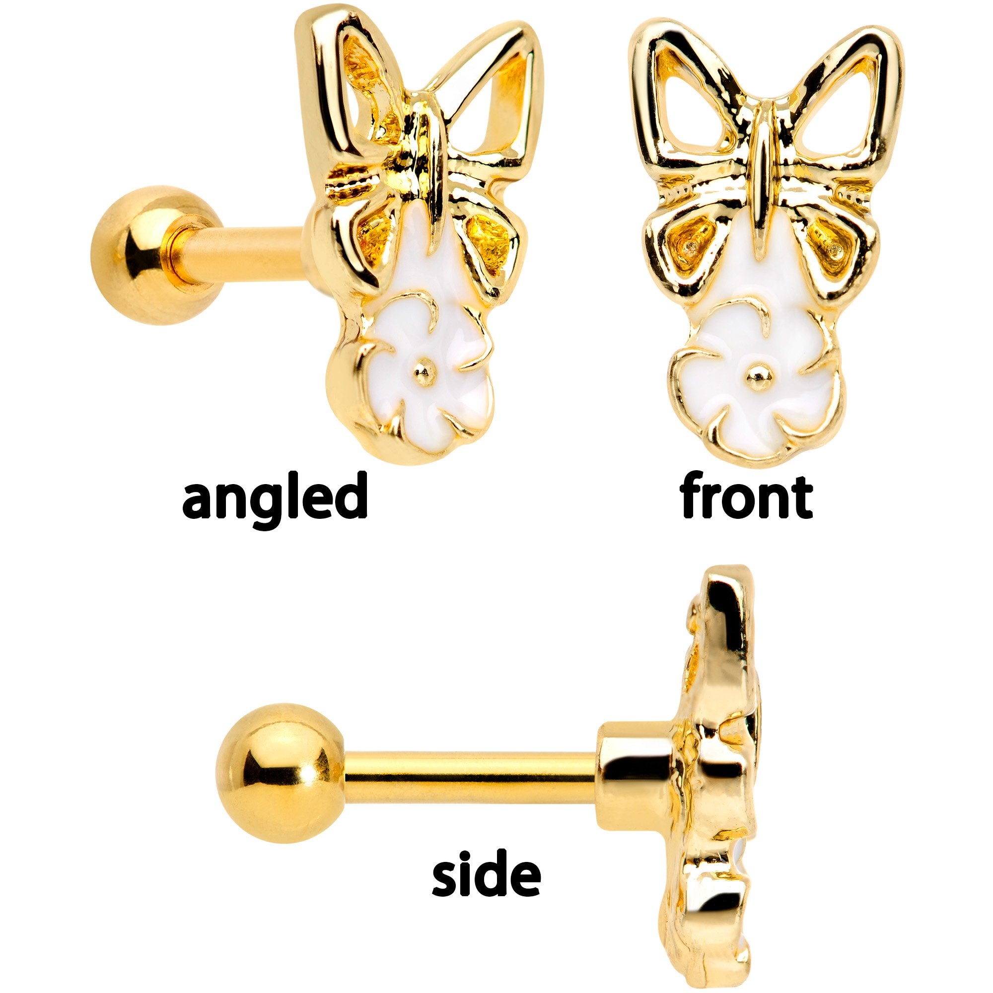 16 Gauge 1/4 Clear Gem Gold Tone Butterfly Cartilage Tragus Set of 3