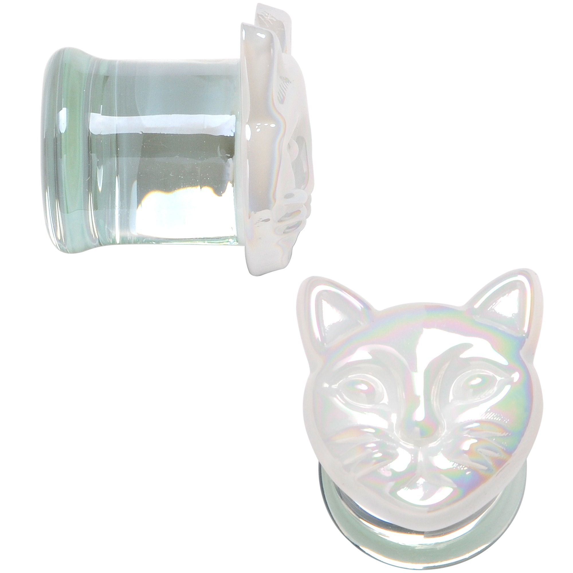 Aurora White Glass Double Flare Kitty Cat Plug Set 6mm to 25mm