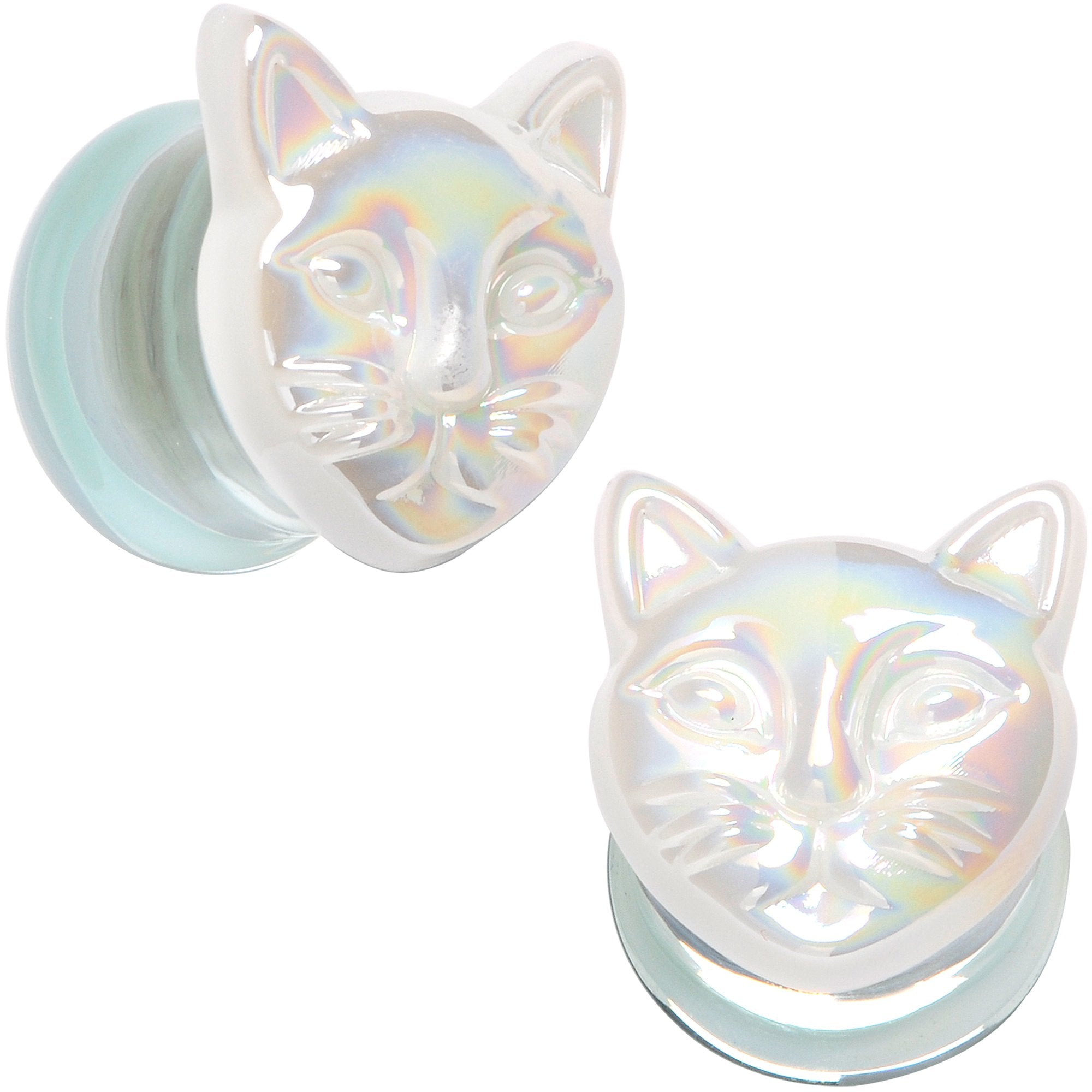 Aurora White Glass Double Flare Kitty Cat Plug Set 6mm to 25mm