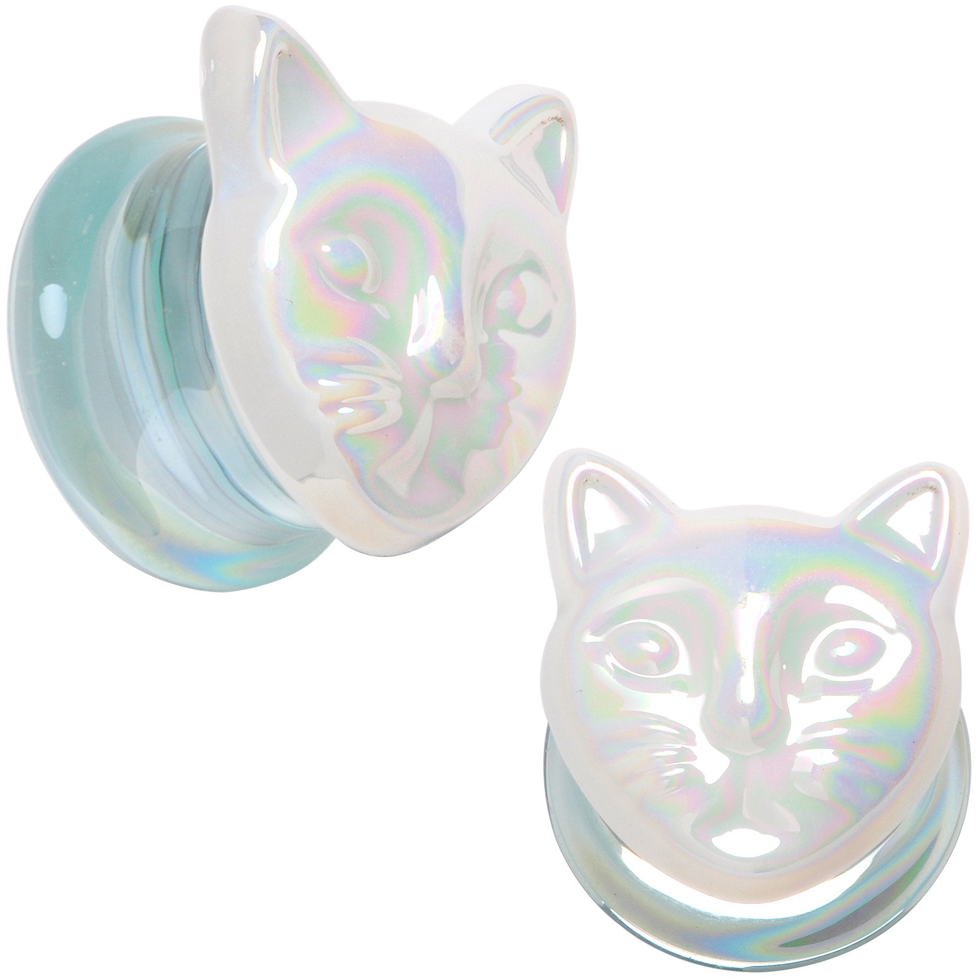 Aurora White Glass Double Flare Kitty Cat Plug Set 6mm to 25mm