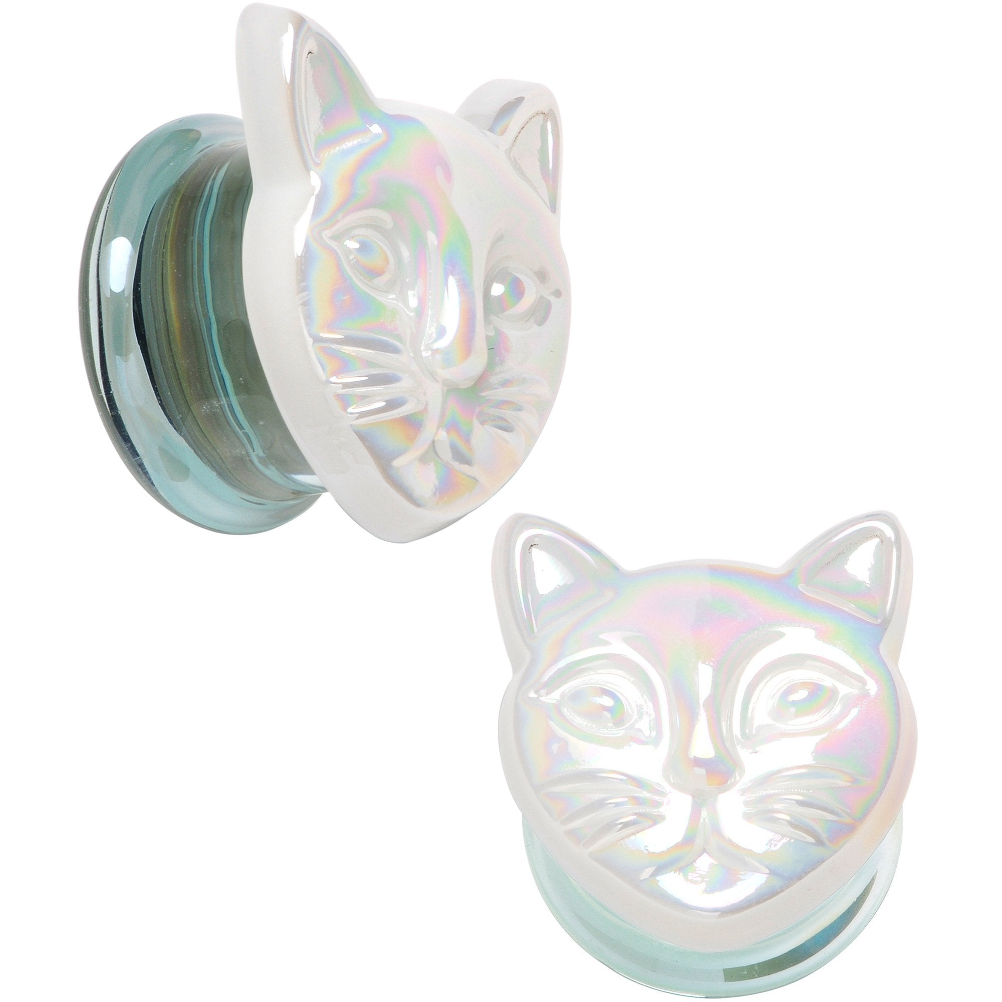 Aurora White Glass Double Flare Kitty Cat Plug Set 6mm to 25mm